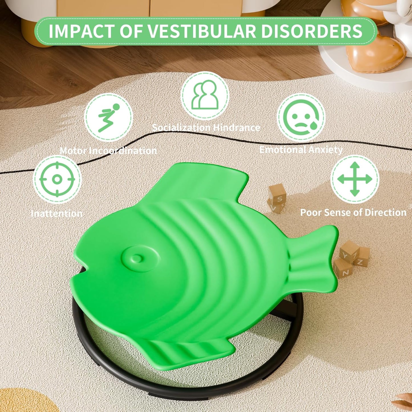 Spinning Chair for Autistic Kids, Autism Sensory Spinning Chair, Sensory Chair for ADHD Children, Sit and Spin Training Body Coordination, Upgraded Dark Green Flying Fish Shape