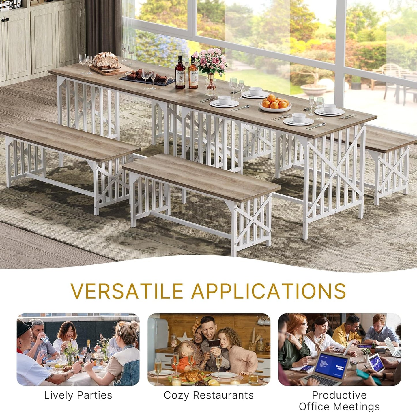 DWVO 3-Piece Kitchen Table with 2 Bench 47.2 Inch Dining Table Set for 4 People Bench Dining Table Set Industrial Rectangular Dining Room Table Set with Storage for Kitchen Dining Room Grey