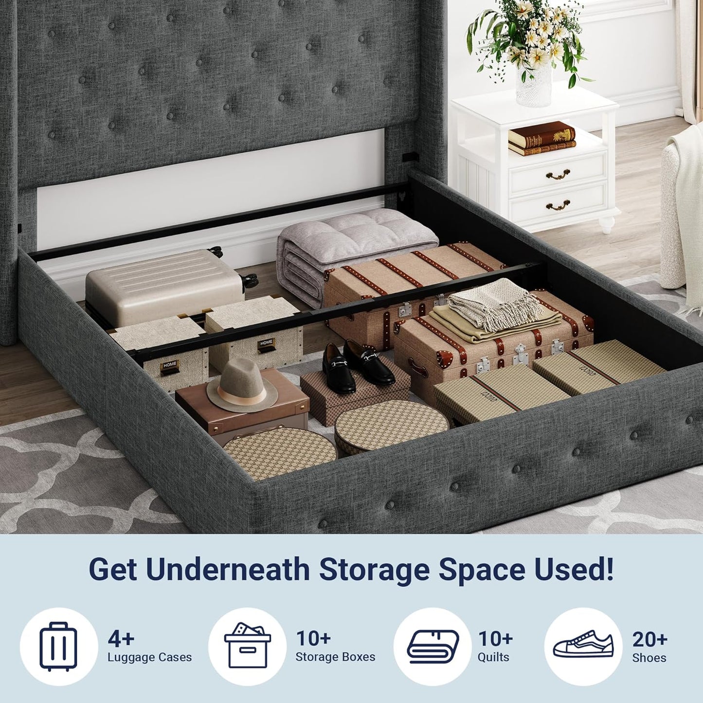 Allewie Full Size Lift Up Storage Bed, Button Tufted Headboard with Wingback, Hydraulic Support, No Box Spring Needed, Dark Grey