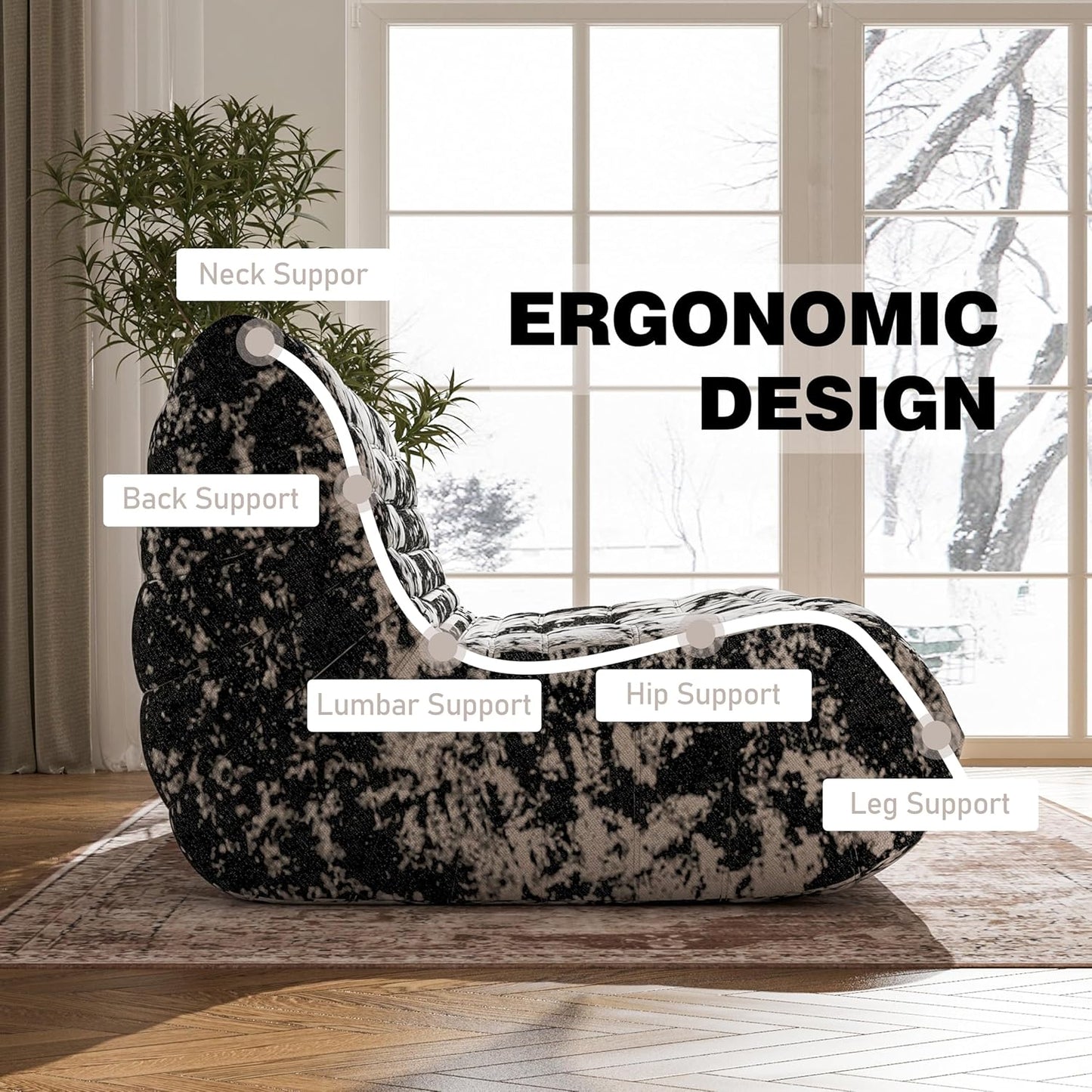 Bean Bag Chair, Loveseat Fireside Chair Bean Bag Sofa Large Bean Bag Chair for Adults, 2 Seater Bean Bag Chairs for Teens with High Density Comfortable Foam, Bean Bag for Living Room (Black Pattern)