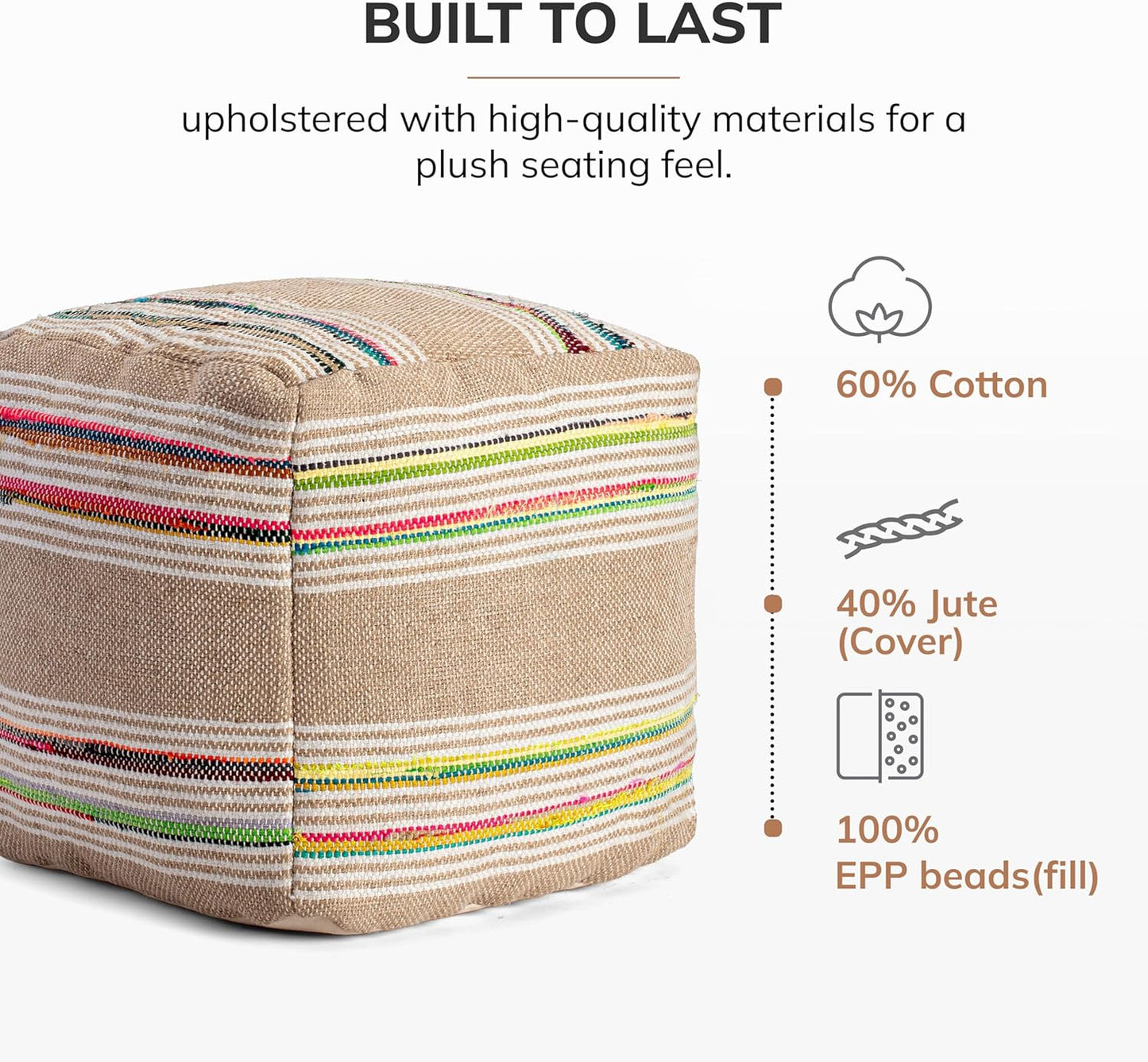 Anji Mountain 100% Handmade & Handcrafted Comfortable Home Décor Pouf Ottoman Footrest for Living Room, Bedroom, Nursery, Kidsroom, Patio Furniture - (20" x 20" x 20"- Multicolor,Beige,White)