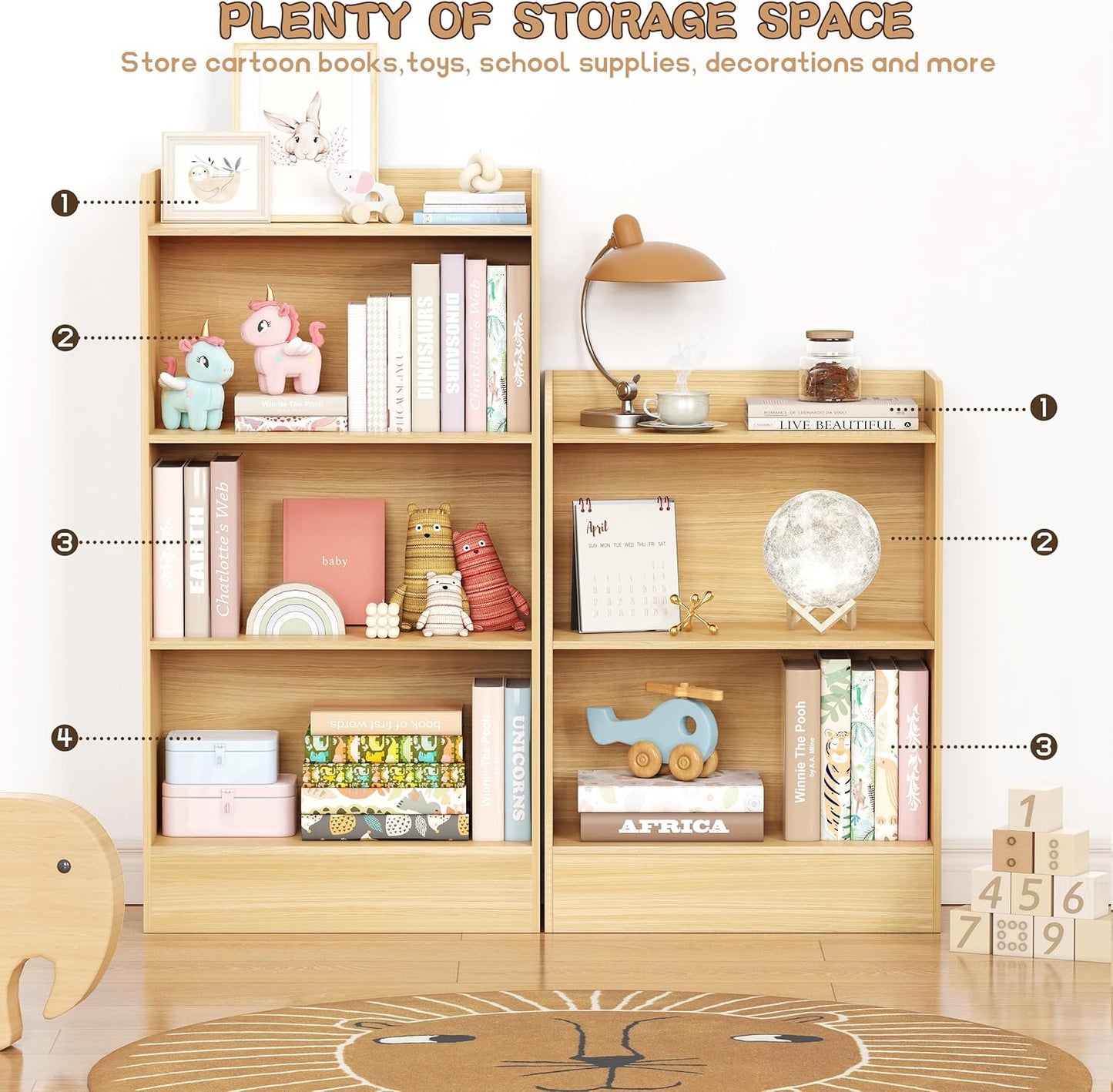 Lkeiyay Kids Bookshelf and Toy Storage Organizer, 3-Tier Wood Montessori Shelf for Bedroom, Playroom, Nursery, Classroom (Natural)