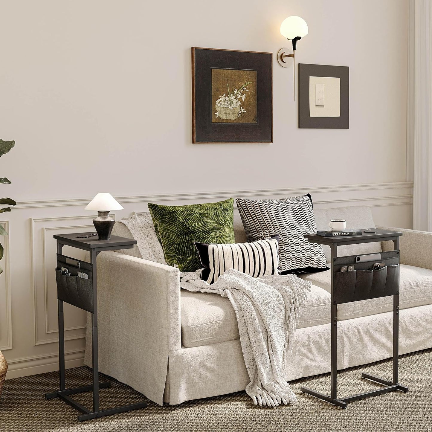 C Shaped End Table, Side Table for Sofa, Small TV Tray, Couch Table with Storage Bag for Small Space, Living Room, Bedroom, Home Office LET501B (Black)