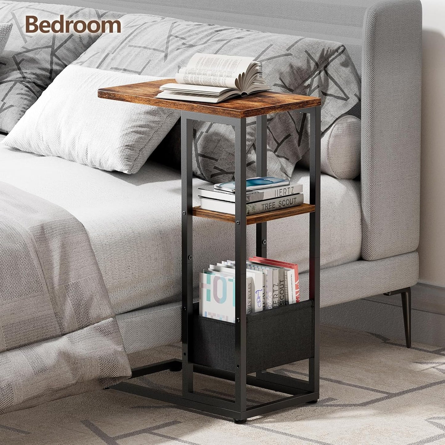 C Shaped End Table, Small Side Table for Couch, Recliner, Slide Under Sofa Tray Desk Snack Tables with Storage Bag for Living Room,Bedroom, Small Spaces - Rustic Brown