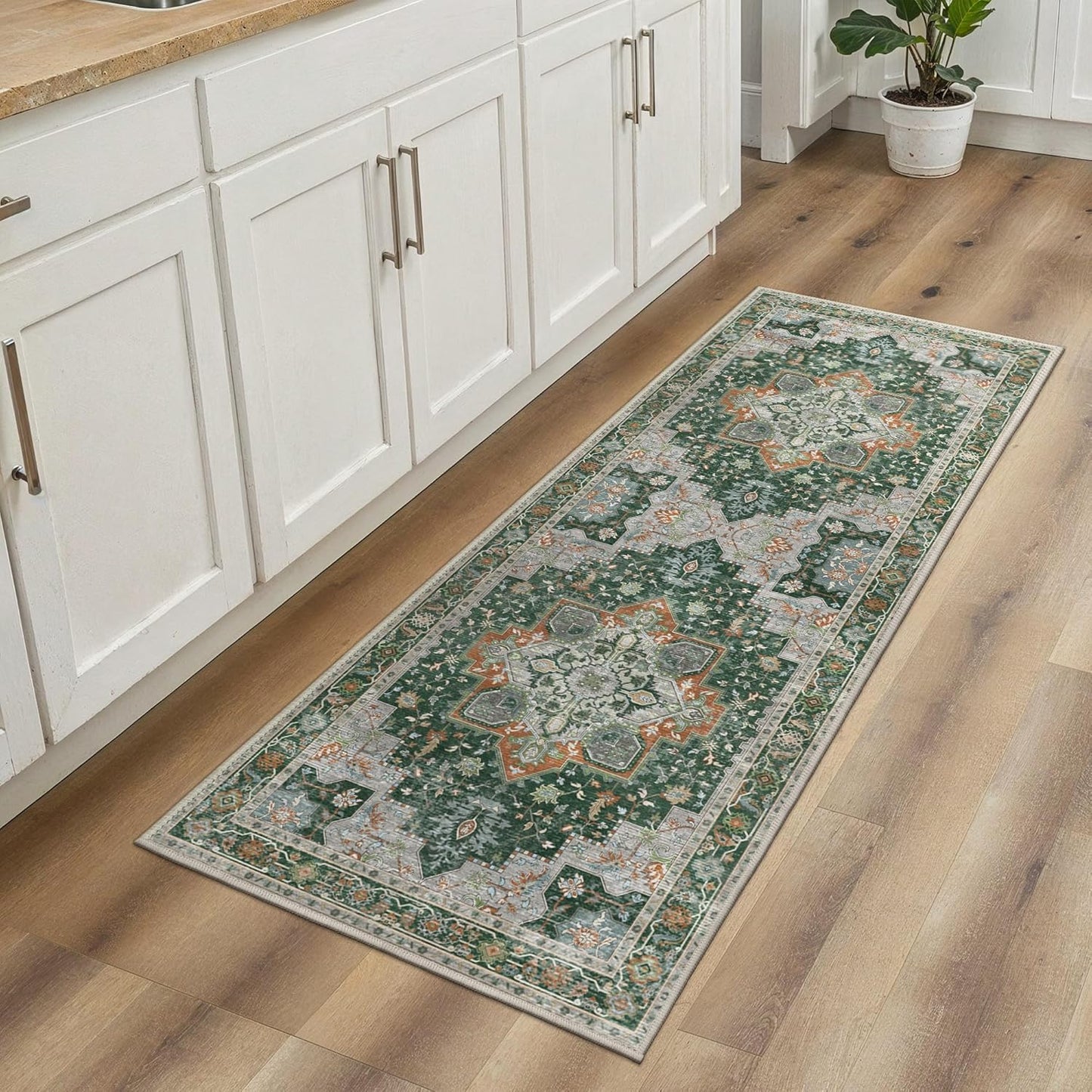 GENIMO 2x5 Runner Rugs for Hallway, Machine Washable Non Slip Vintage Rugs, Low Pile Lightweight Soft Print Rug for enrtyway, Corridor, Home Office, Kitchen,Pine Green