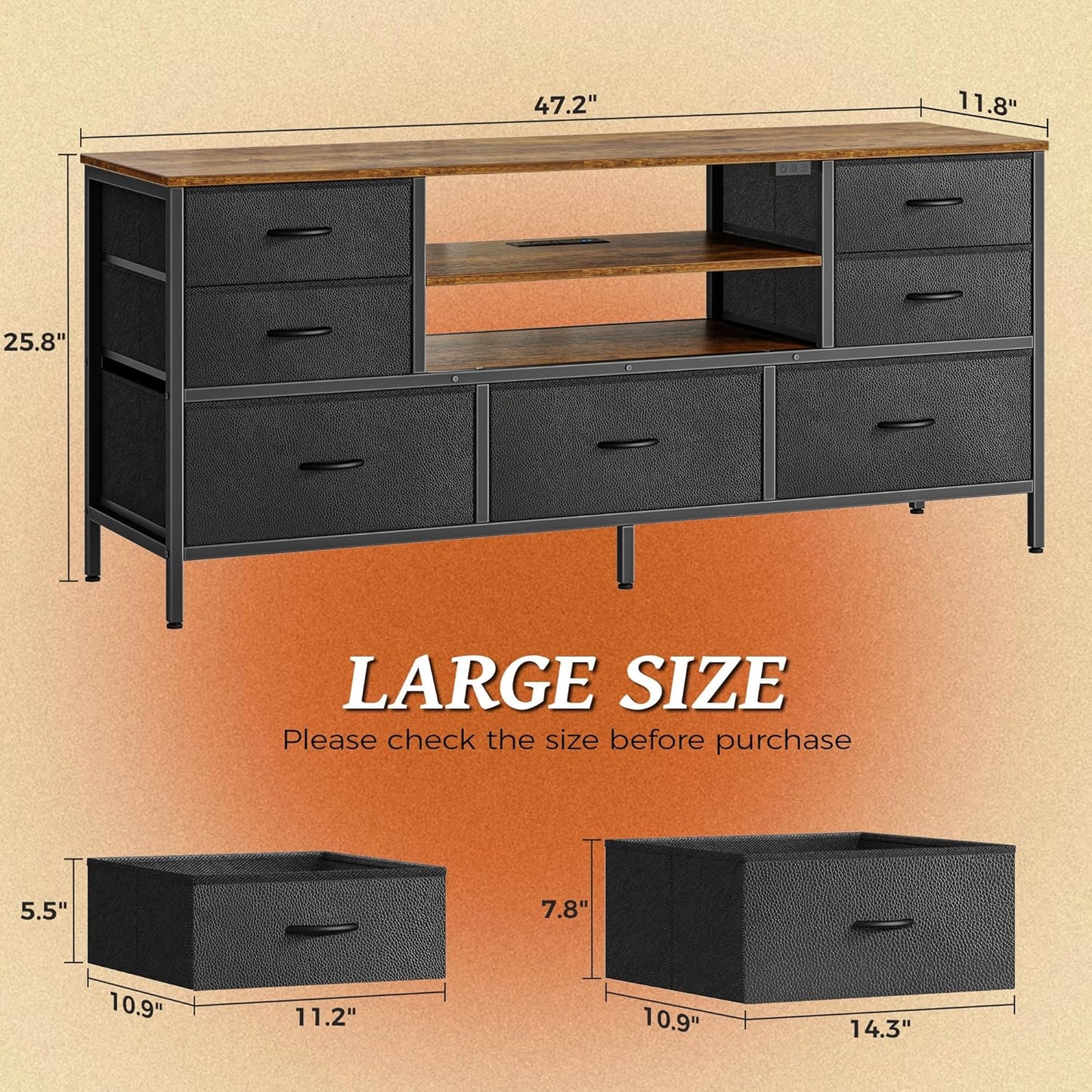 Huuger TV Stand Dresser with Power Outlets and LED Lights, 7 Drawers, 47 Inch Console, Rustic Brown and Black