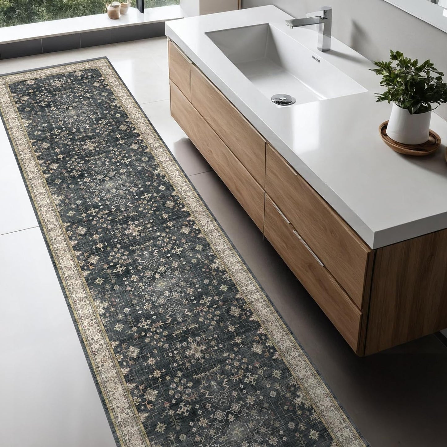 Black Washable 8ft Long Runners for Hallways, 2x8 Kitchen Runner Rug, Entryway Indoor Runner for Bathroom, Non Slip Boho Vintage Floor Décor for High Traffic Area