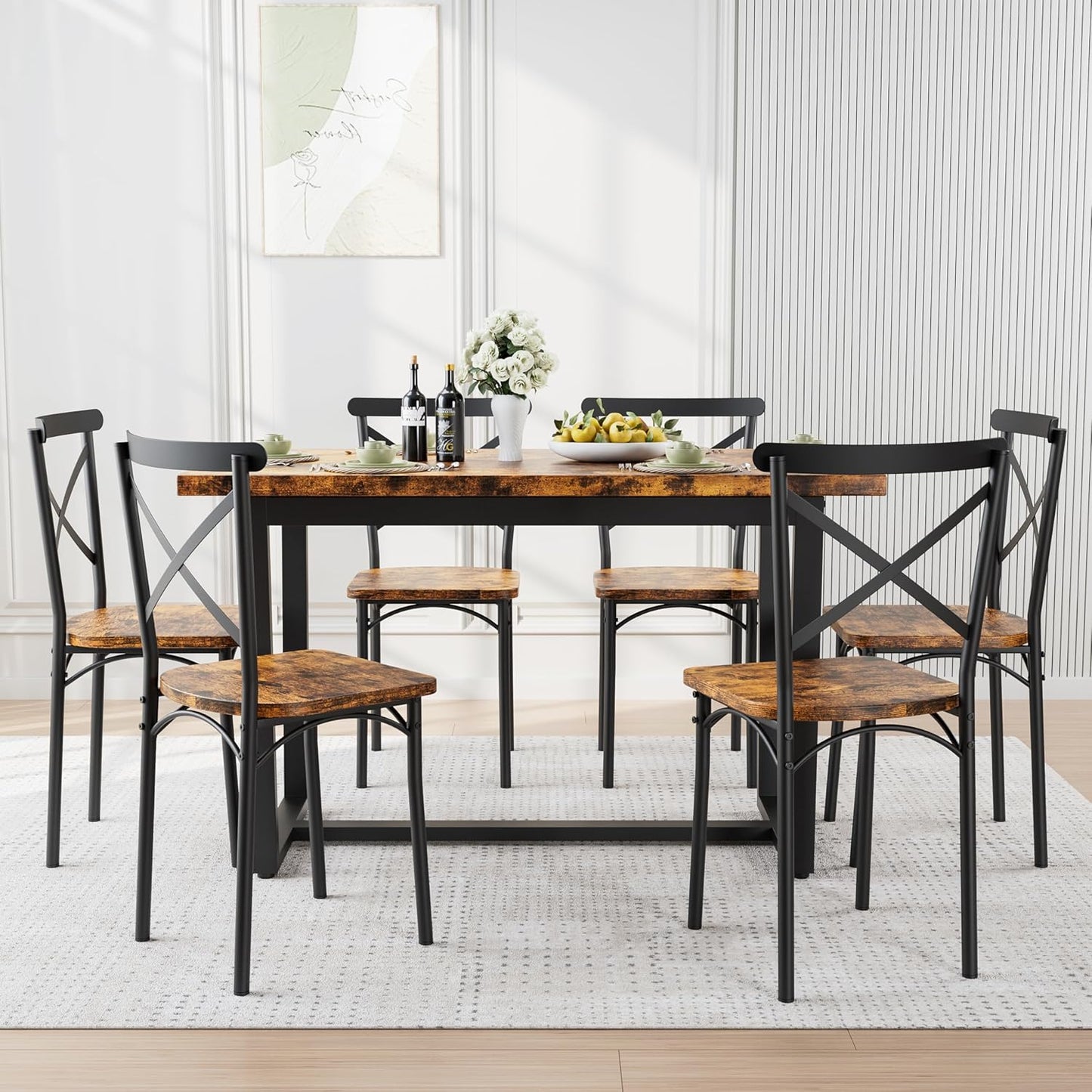 Ball & Cast 7 Pieces Dining Table Set,Kitchen Table and Chairs for 6 with 52" Table and 6 Chairs,Desk with Foot Pads,for Small Space,Apartment,Dining Room,Brown