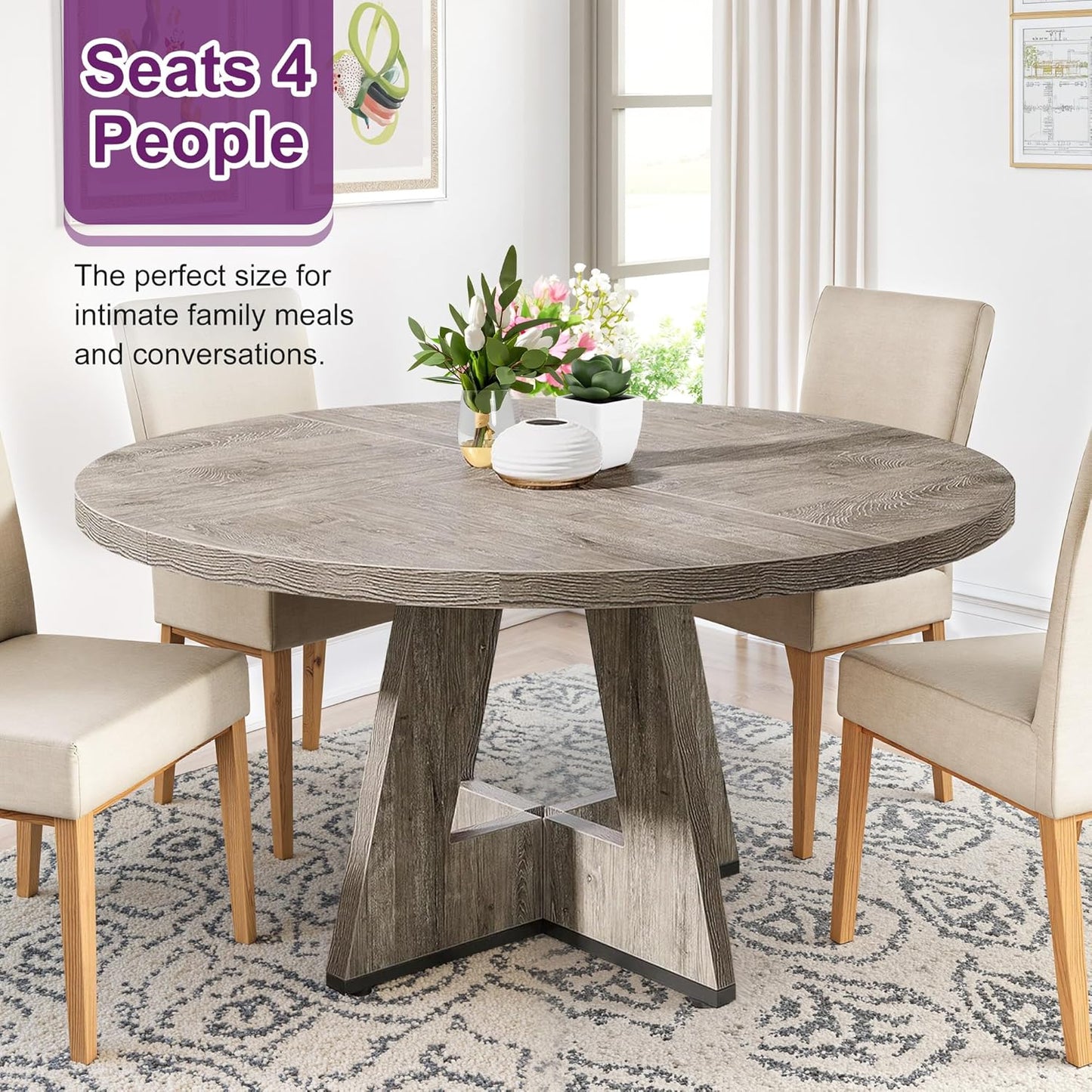 Round Dining Table for 4, 47" Wooden Kitchen Dinner Table Rustic, Farmhouse Table for Dining Room, Living Room, Gery