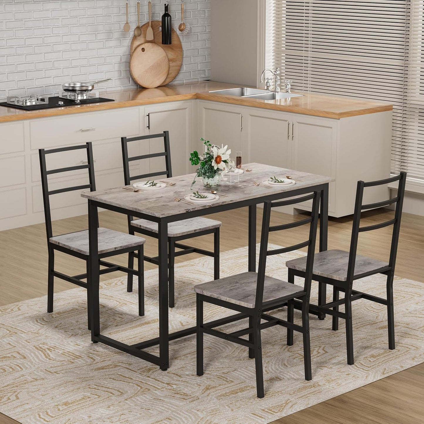 Ball & Cast Dining Table Set with Long Table and 4 Chairs,5-Piece Living Room Furniture W/ 47" Rectangle Kitchen Table & Backrest Chair,for Small Space,Apartment,Dining Room,Gray