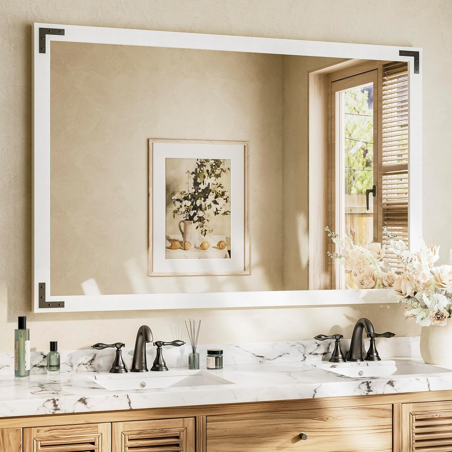 TETOTE 55 x 36 White Wood Mirror for Bathroom Wall/Bedroom/Living Room/Entryway Farmhouse Rustic Bathroom Vanity Mirror Waterproof (Horizontal/Vertical Mounted)