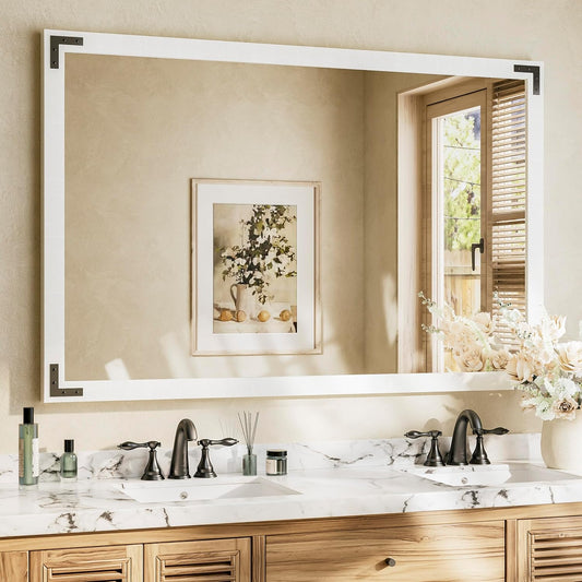 TETOTE 55 x 36 White Wood Mirror for Bathroom Wall/Bedroom/Living Room/Entryway Farmhouse Rustic Bathroom Vanity Mirror Waterproof (Horizontal/Vertical Mounted)