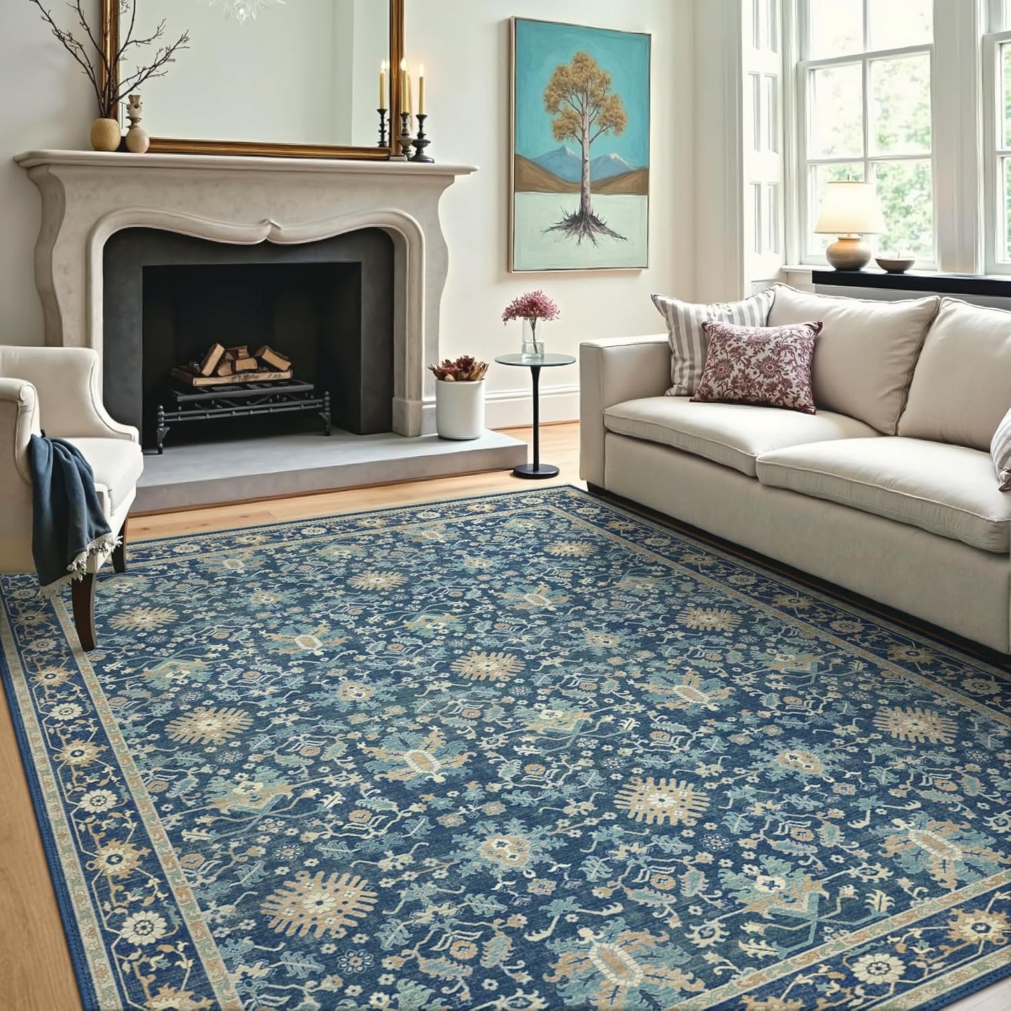 8X10 Area Rugs Machine Washable Runner Rugs for Living Room Bedroom Hallway, Non Slip Indoor Soft Accent Distressed Boho Vintage Print Lightweight Thin Low Pile Carpet, Navy