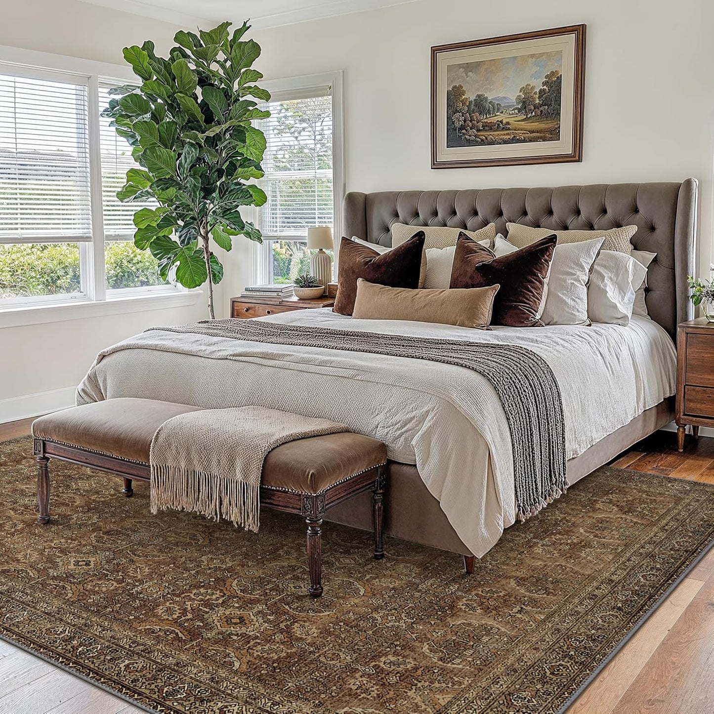 10X12 Area Rugs Machine Washable Rugs for Living Room, Vintage Boho Large Rugs for Bedroom Dining Room, Non Slip Indoor Soft Distressed Lightweight Thin Low Pile Carpet, Rustic Brown