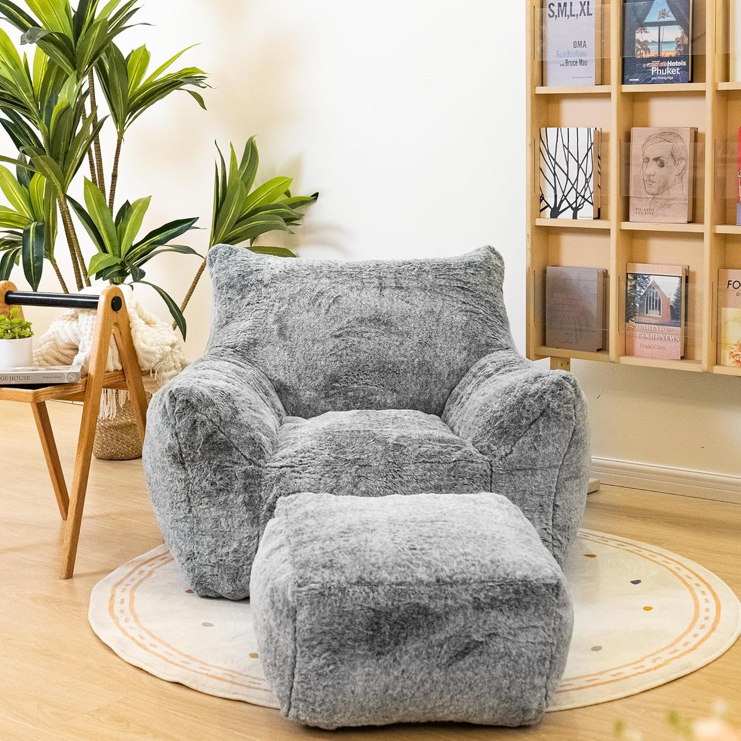 Bean Bag Chair with Ottoman, Armrest Bean Bag Chairs with Filler, Ultra Soft Fluffy Faux Fur Bean Bag Chair with Foot Rest, Plush Lazy Sofa with Foot Stool for Living Room, Dorm