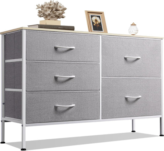 WLIVE Dresser for Bedroom with 5 Drawers, Wide Bedroom Dressers with Drawer Organizers, Chest of Drawers, Fabric Dresser for Living Room, Closet, Hallway, Light Grey