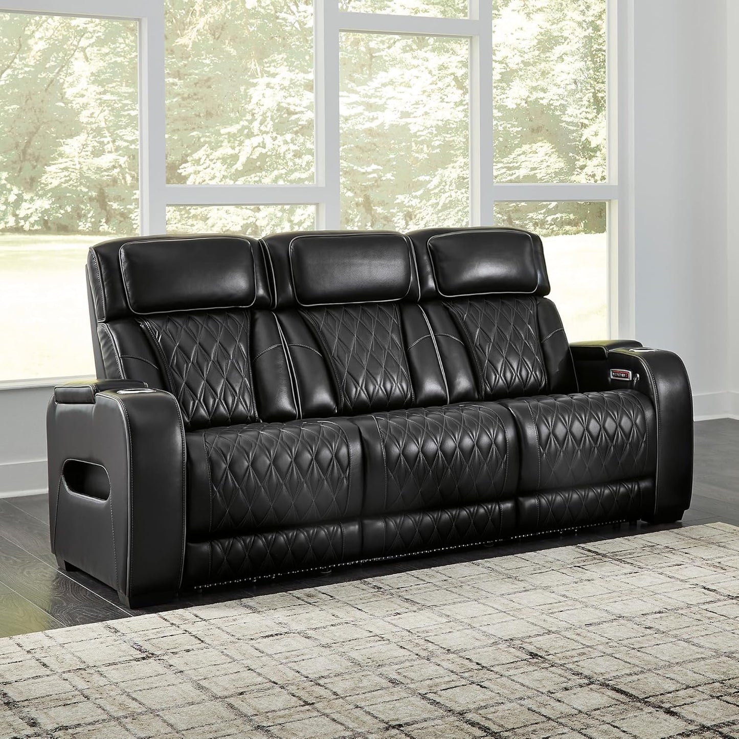 Signature Design by Ashley Boyington Contemporary Leather Match Power Reclining Sofa with Adjustable Headrest, Cup Holder, USB Charging Ports, Air Massage System and LED Lighting, Black