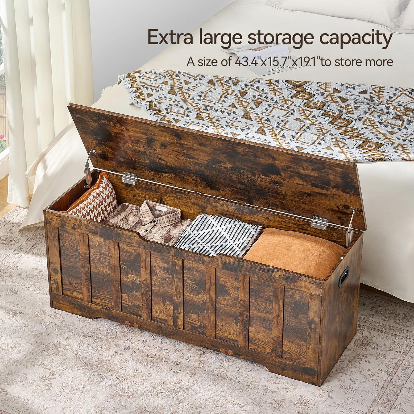 47.2"Storage chest extra large,storage trunk with 2 safety Hinges,Wooden storage bench,Shoe Bench,47.2x15.7x19.1 Inch,Easy Assembly,storage bench for bedroom,living room,entryway,Rustic brown