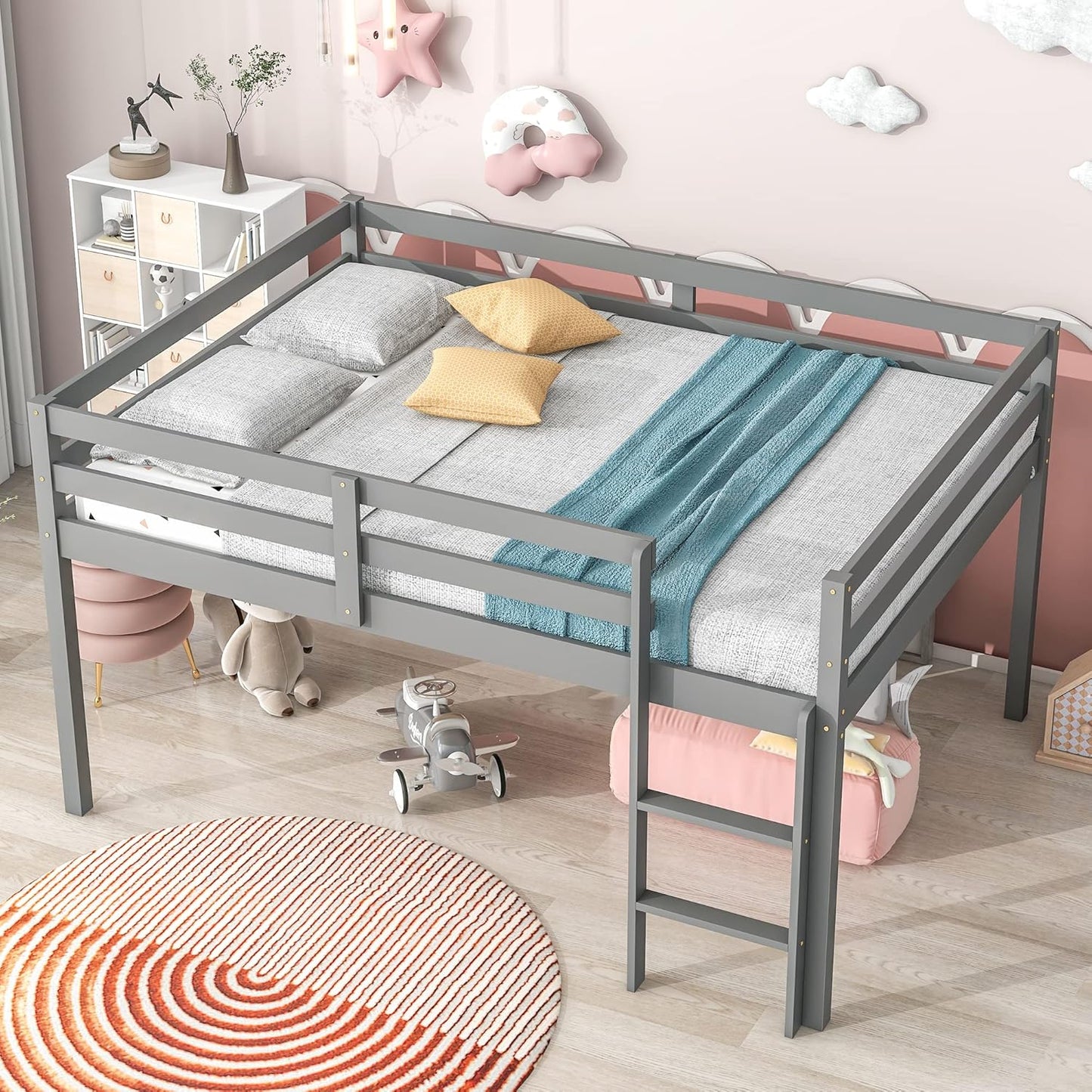HomSof Full Loft Bed with Guard Rail & Ladder,No Box Spring Needed,Easy Assembly,Grey