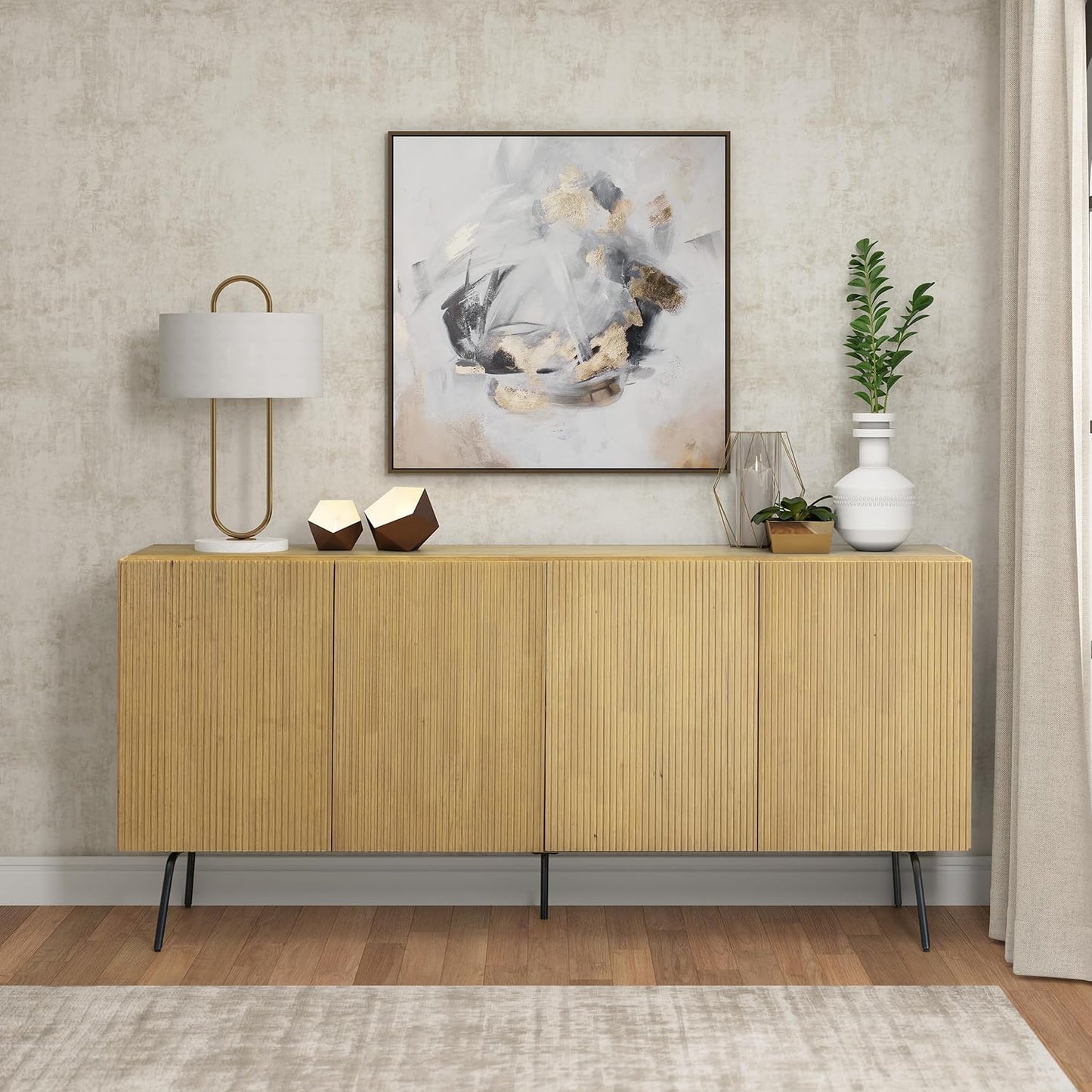 NTC Veil Modern Sideboard with 4 Doors, Buffet Cabinet with Vertical Groove Design and Metal Legs, Storage Cabinet for Living Room, and Hallway, Effortless Assembly, Sand