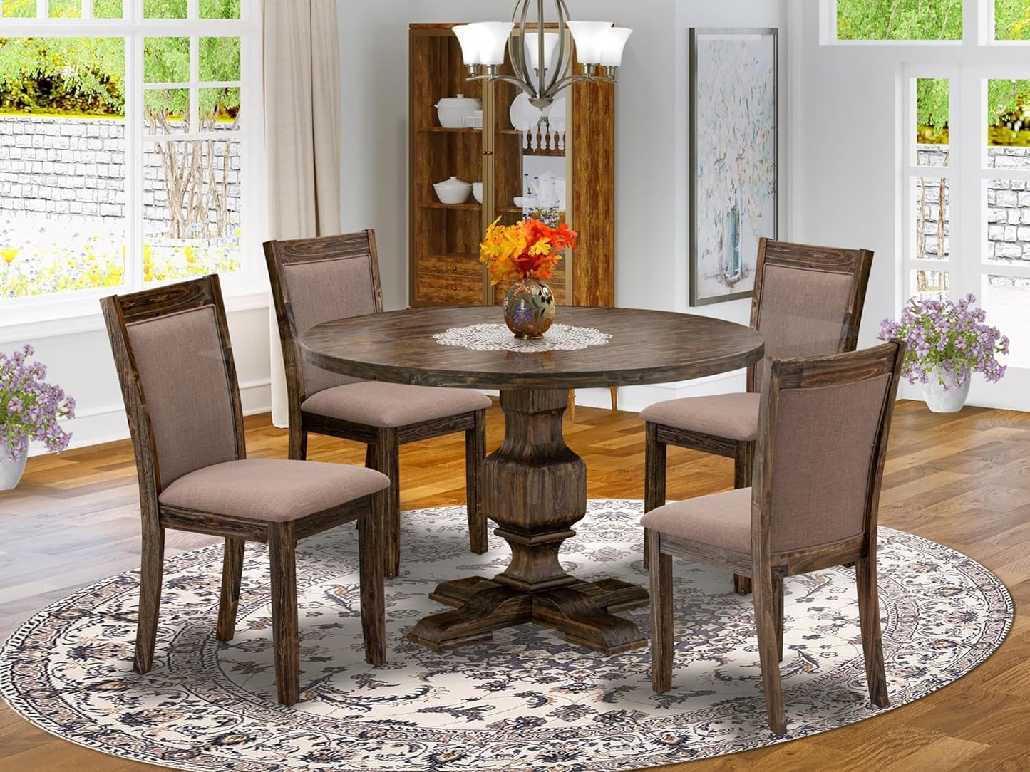 East West Furniture I3MZ5-748 5 Piece Dining Room Table Set Includes a Round Kitchen Table with Pedestal and 4 Coffee Linen Fabric Parson Dining Chairs, 48x48 Inch, Distressed Jacobean