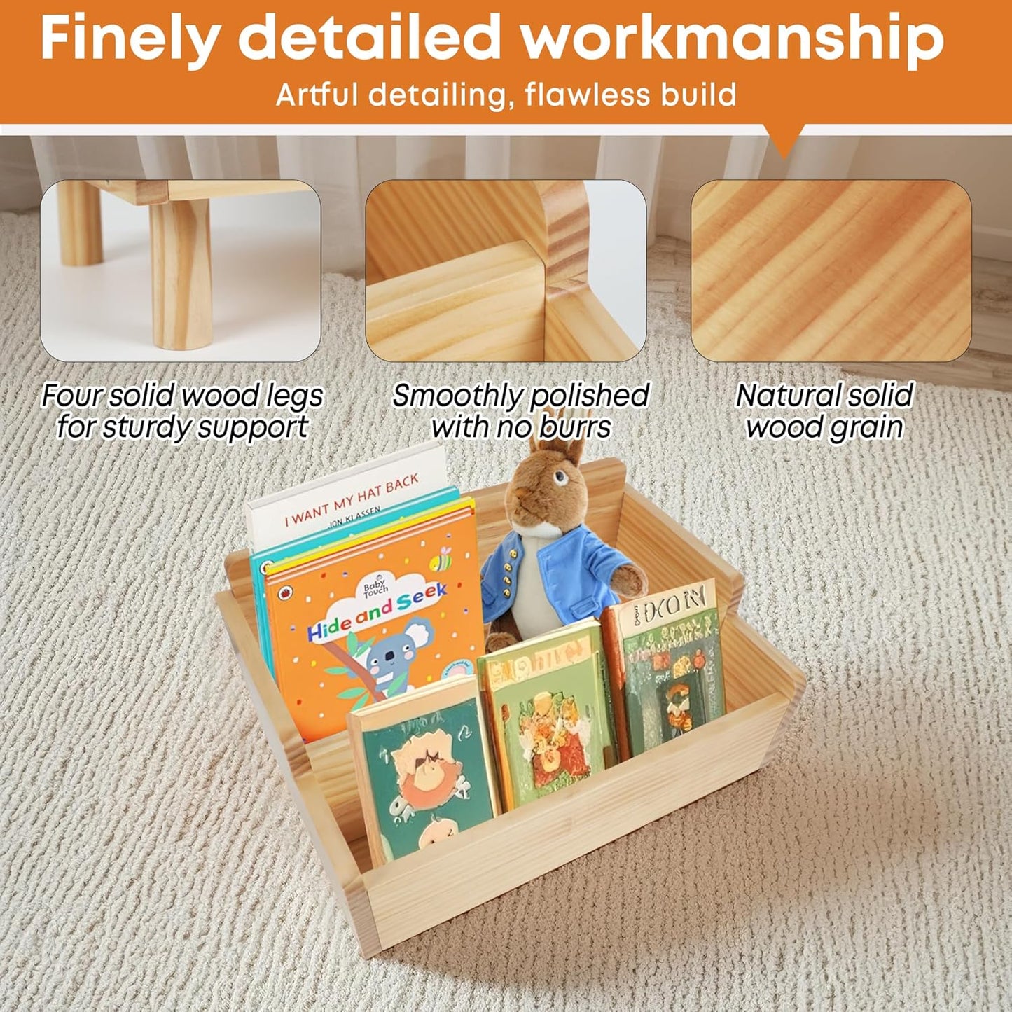 Kids Bookshelf,Montessori Bookshelf Small for Toddler,Baby Book Shelf Caddy with Divider,Toddler Book Storage Holder Container Wooden for Playroom,Kids Room,Nursery,Classroom,Pine (Natural Wood)