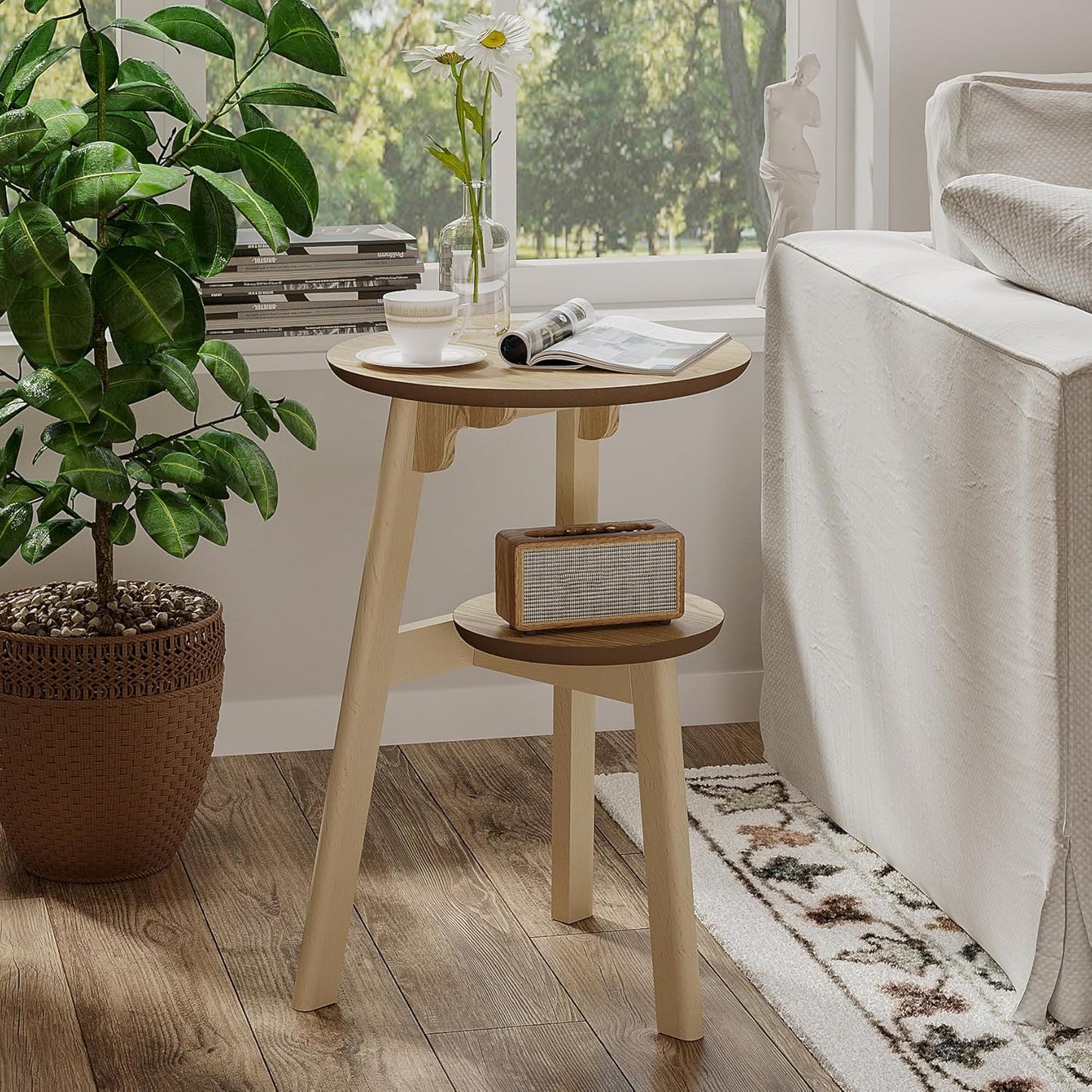ChooChoo Round End Table Set of 2, Narrow Side Table for Small Spaces, Accent Table Night Stand with 2 Tier Shelf for Bedroom and Living Room, Natural