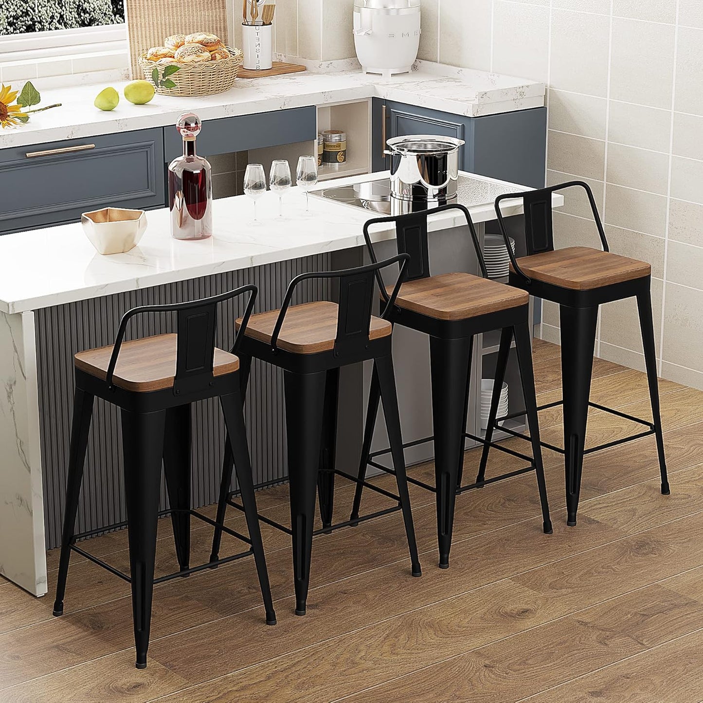 WENTMENT Bar Stools Set of 4 Counter Height Metal Barstools with Removable Back 30" Kitchen Bar Stools with Wooden Seat, Black