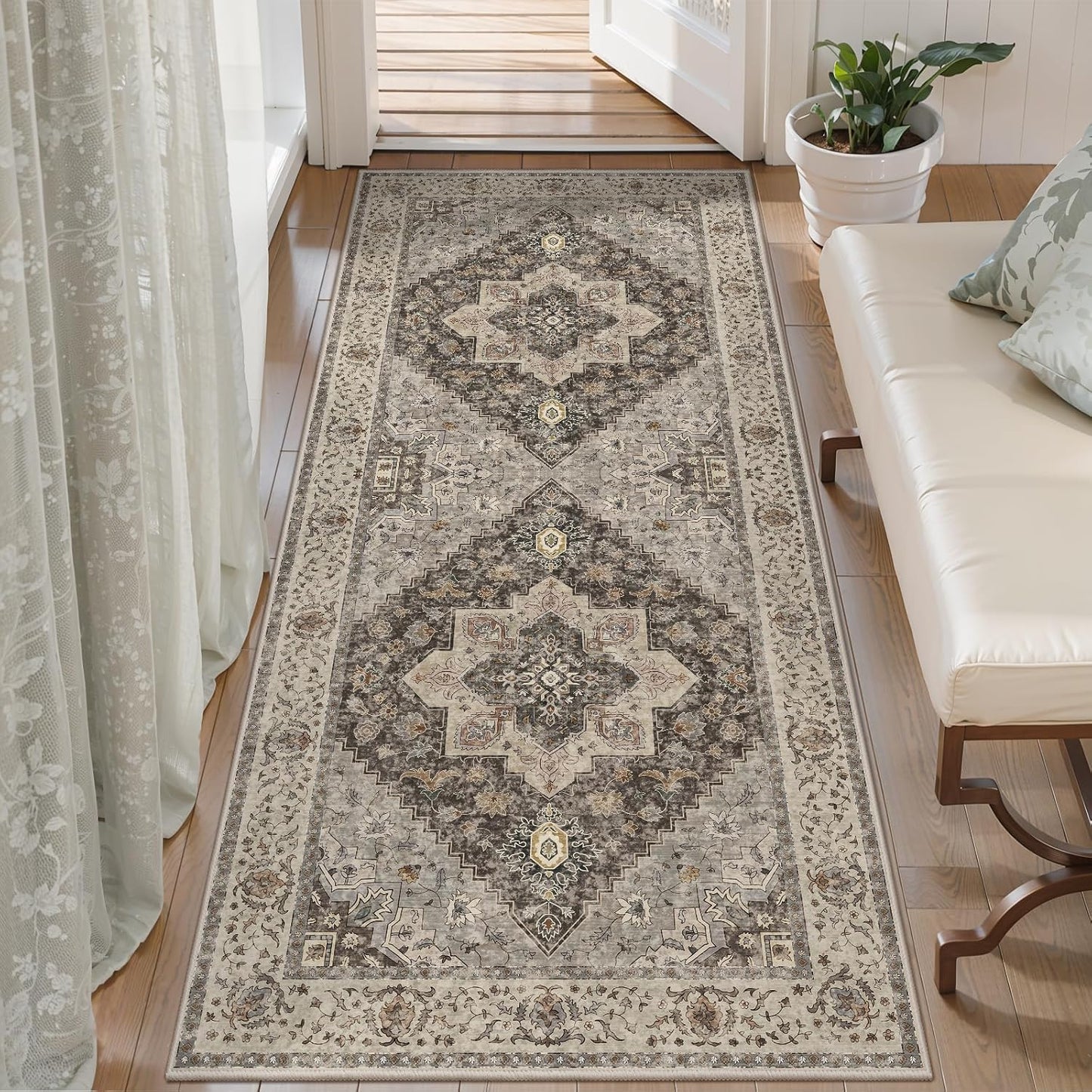 Tangsoo 2x5 Washable Runner Rug for Hallways, Non Slip Vintage, Soft Low Pile Long Runner, Print Distressed Brown/Grey Runners for Kitchen Bedroom Entryway Bathroom Living Room