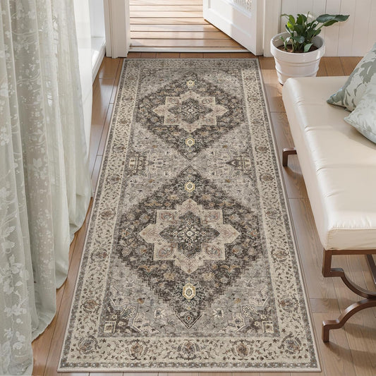 Tangsoo 2x5 Washable Runner Rug for Hallways, Non Slip Vintage, Soft Low Pile Long Runner, Print Distressed Brown/Grey Runners for Kitchen Bedroom Entryway Bathroom Living Room