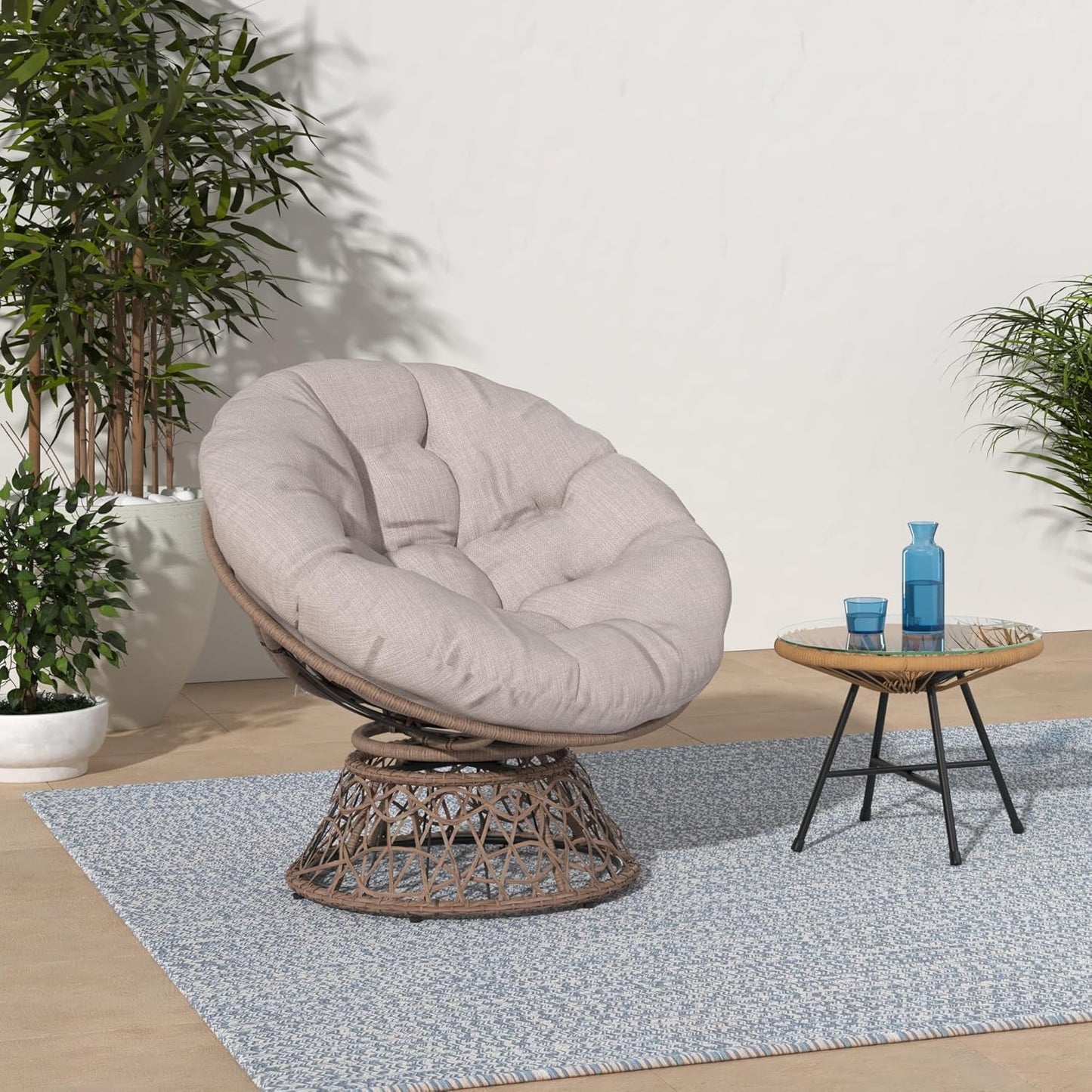 Bme 40" Ergonomic Wicker Papasan Chair with Soft Thick Density Fabric Cushion, High Capacity Steel Frame, 360 Degree Swivel for Living, Bedroom, Reading Room, Lounge, Silver Cloud - Brown Base