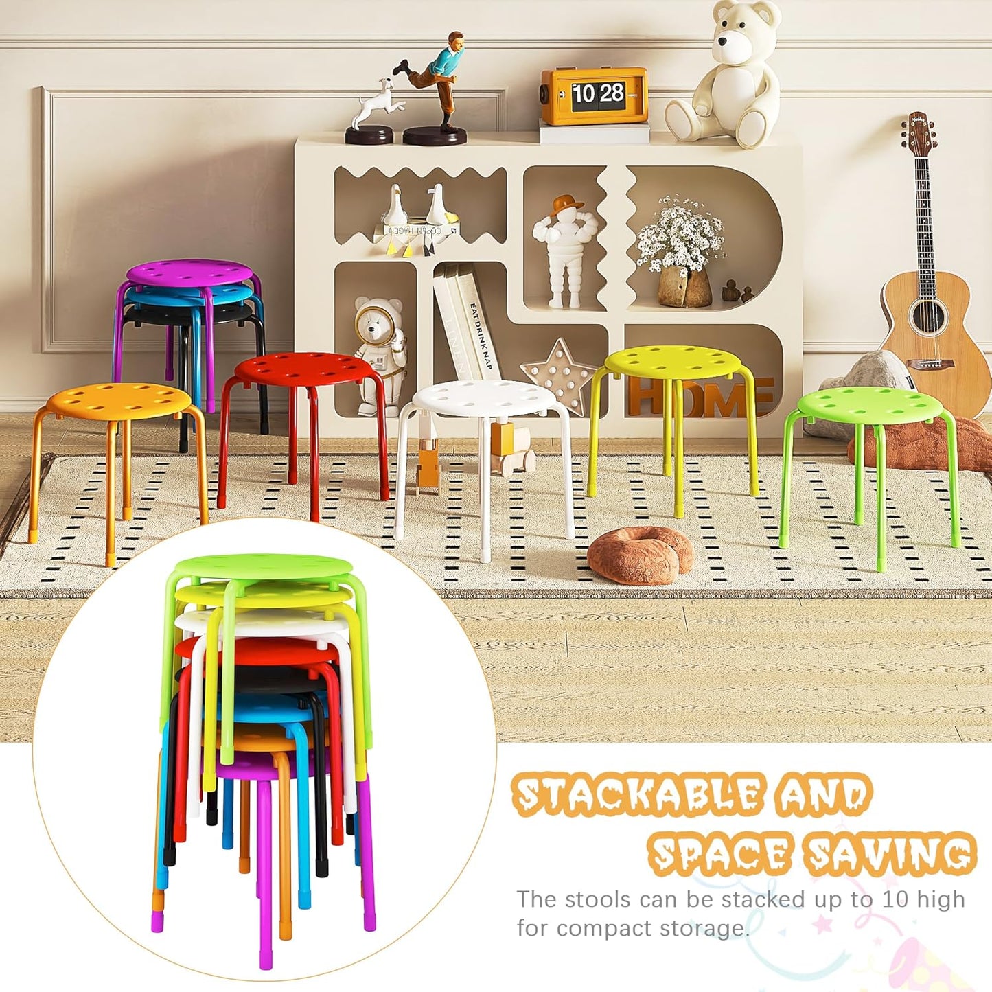 VECELO Stackable Stools for Classroom, 12" Height Plastic Portable Stacking Stool Chairs with Non-Slip Foot Mats for School Daycare Kindergarten Living Room (8 Pack)