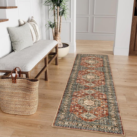 Lahome Oriental Kitchen Runner Rug Non Slip, 2x5 Washable Hallway Runner with Rubber Backing, Vintage Hallway Rug Ultra-Thin Soft Carpet for Bedroom Bathroom, Brick Red