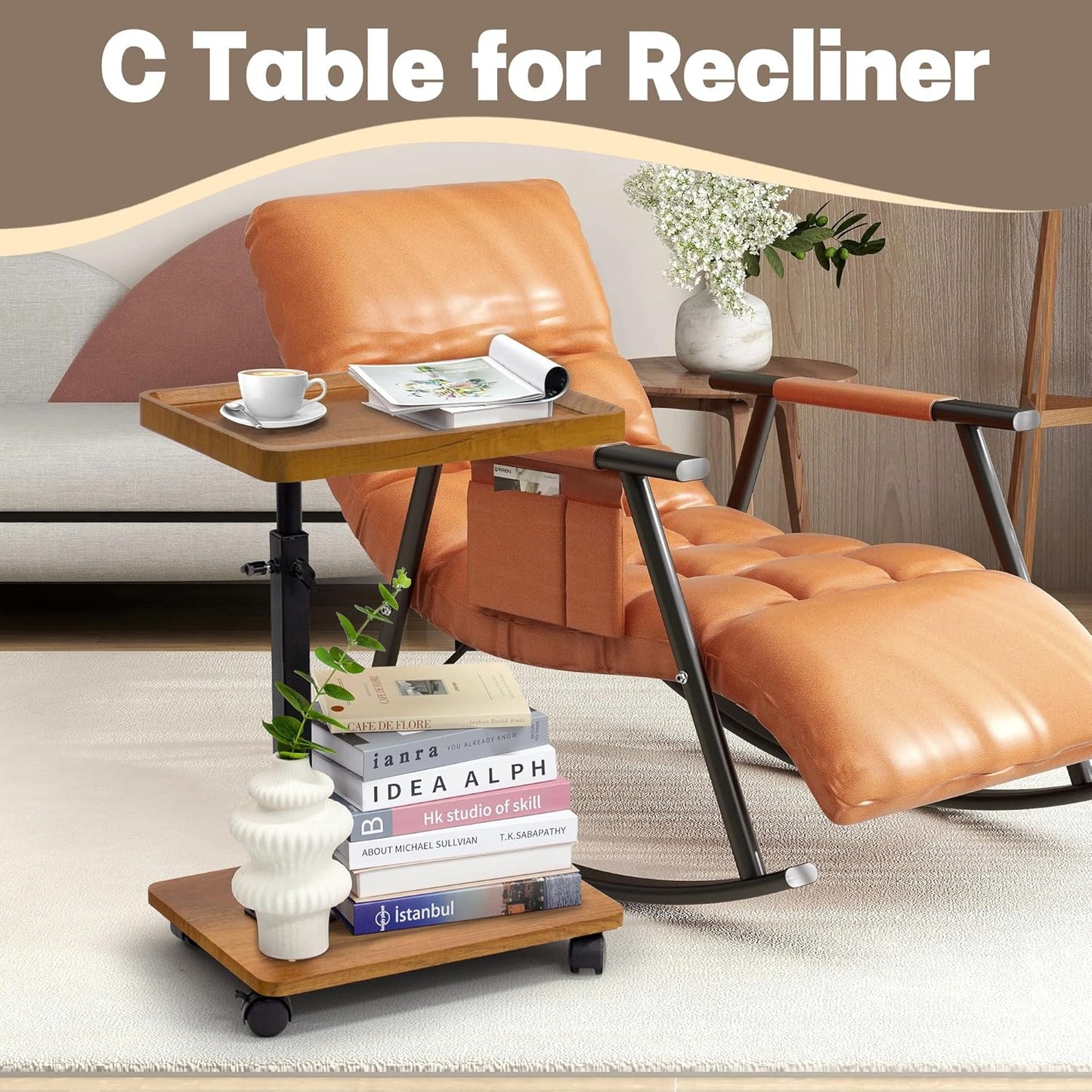 Aoligrace C Shaped End Table Adjustable Height, 360° Swivel Side Table with Wheels, Small TV Tray C Table for Living Room Bedroom, Couch Tables That Slide Under for Sofa Bed Chair