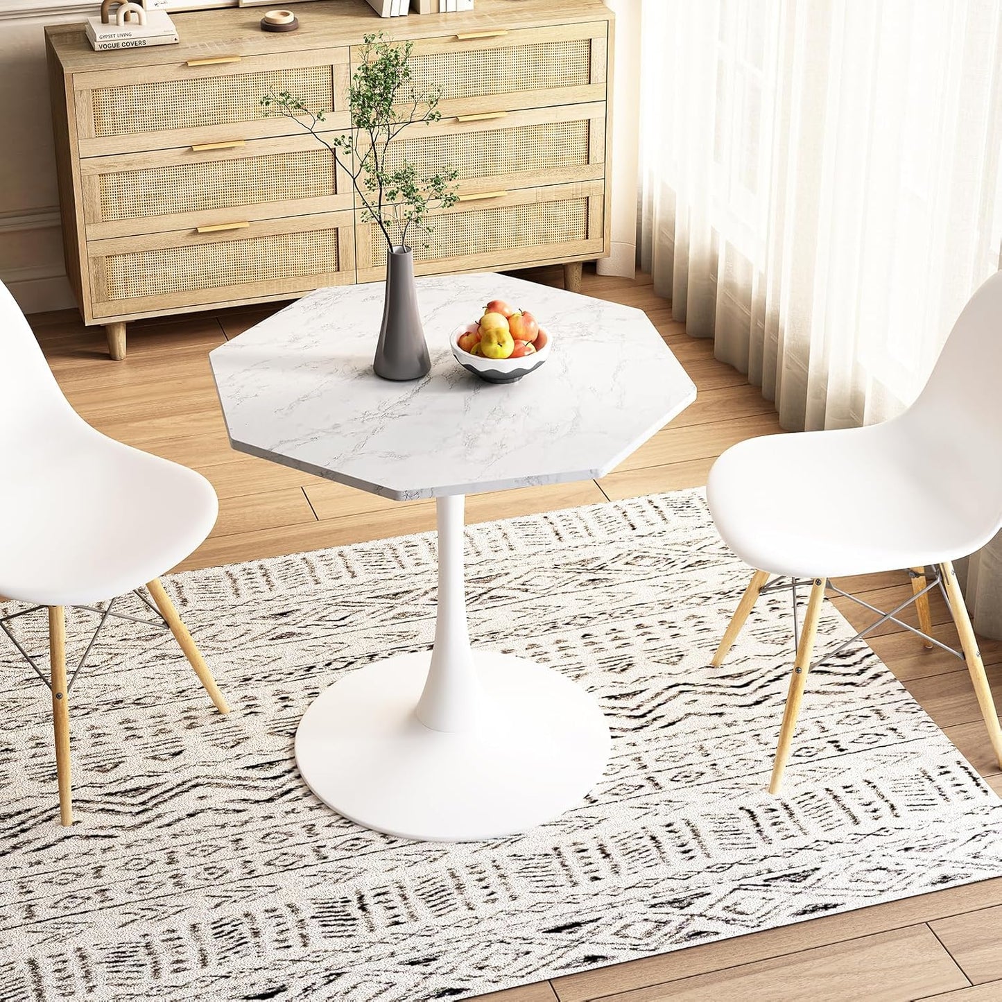 31.5 in Hexagonal Pedestal Dining Table for 2, Small Tulip Bistro Table with Metal Base, Space Saving Breakfast Nook Furniture for Home Cafe Apartment, Marble White