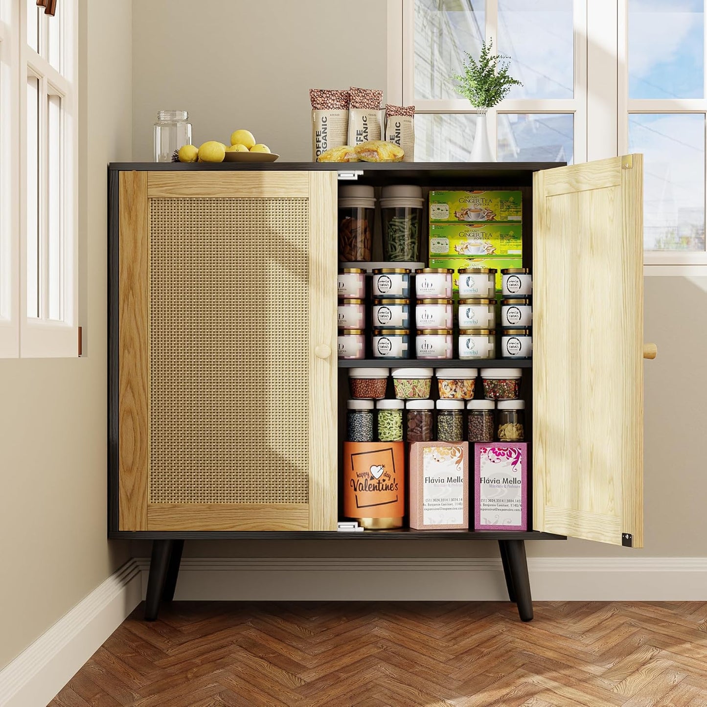 Rattan Sideboard Buffet, Accent Cabinet Cupboard Console Small Cabinet with Doors and Adjustable Shelve for Kitchen & Entryway Storage, Black