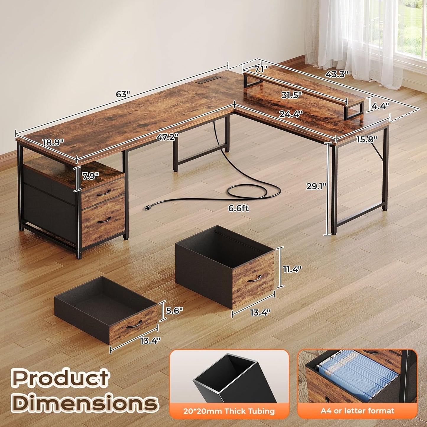 PRAISUN 63 Inch L Shaped Desk with Power Outlets and USB-C Port, Computer Corner Home Office Desk with File Fabric Drawers and Movable Monitor Stand, Larger Storage, Gaming, Writing, Rustic Brown