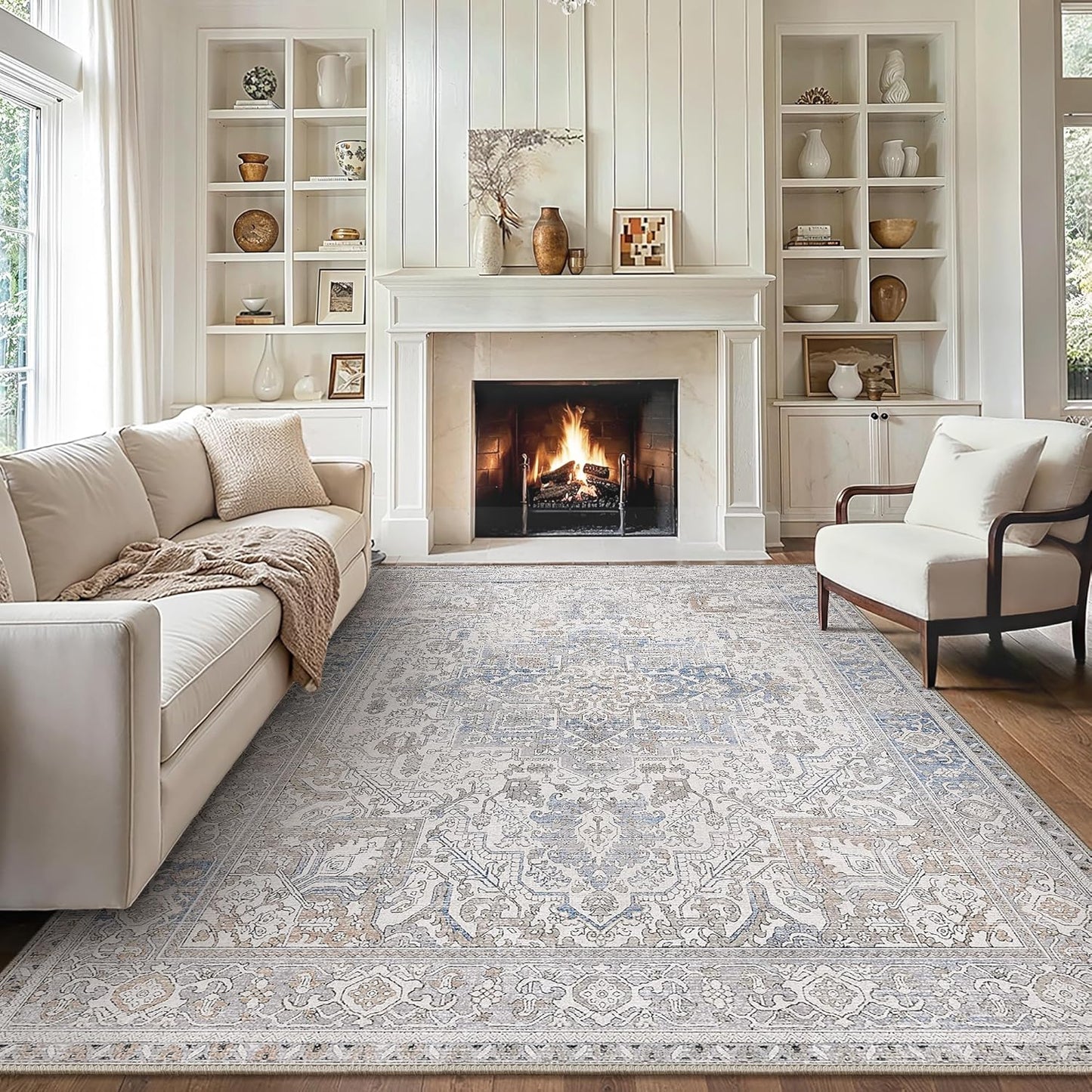 GENIMO 10x14 Area Rugs for Living Room, Machine Washable Non Slip Vintage Retro Rugs, Low Pile Lightweight Thin Print Rug for Bedroom, Dining Room, Home Office, Khaki Blue