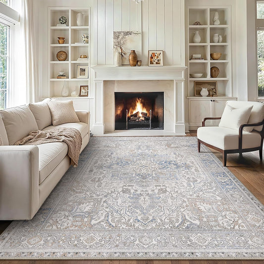 GENIMO 10x14 Area Rugs for Living Room, Machine Washable Non Slip Vintage Retro Rugs, Low Pile Lightweight Thin Print Rug for Bedroom, Dining Room, Home Office, Khaki Blue