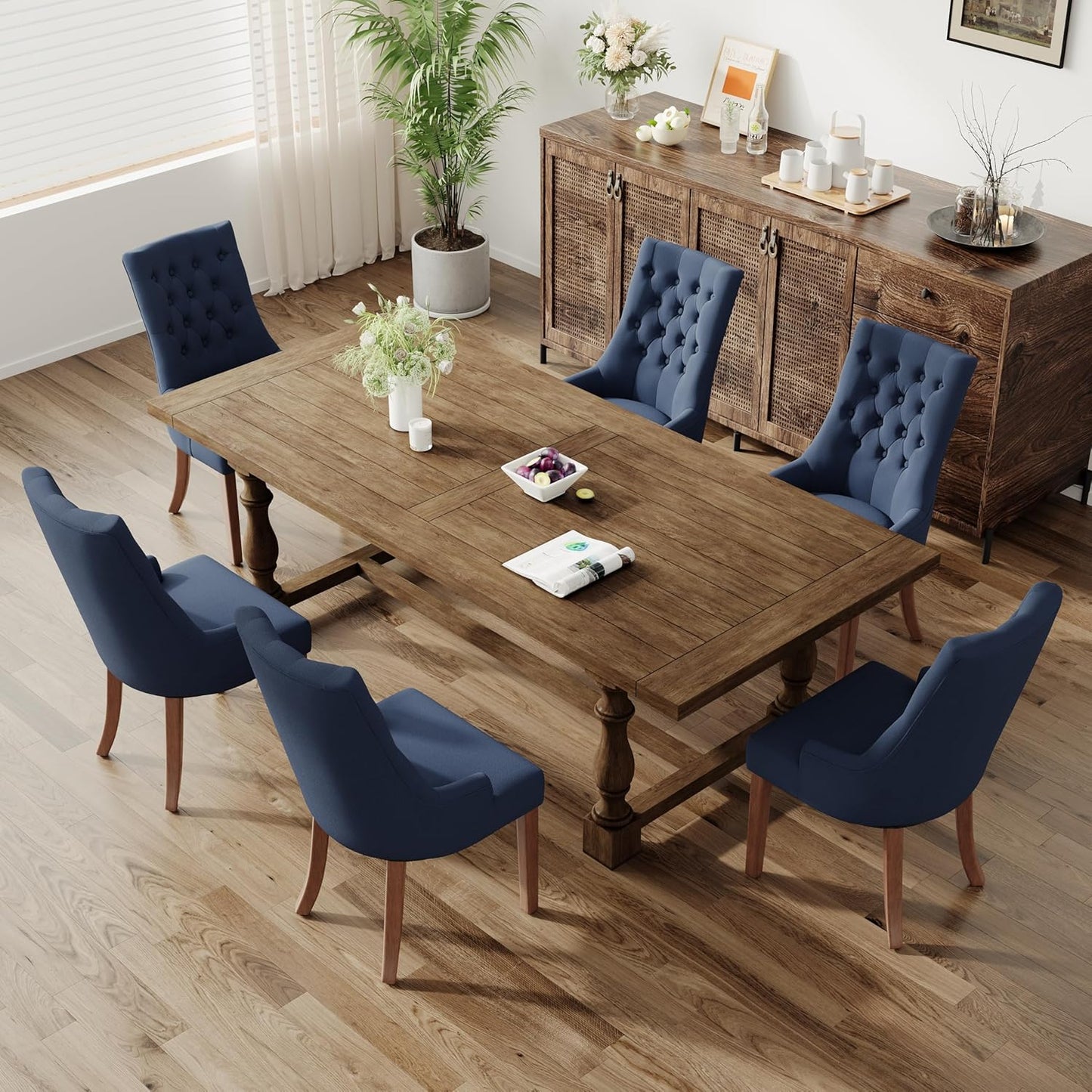 COLAMY Wingback Upholstered Dining Chairs Set of 6, Fabric Dining Room Chairs with Tufted Button, Living Room Chairs for Home Kitchen, Blue