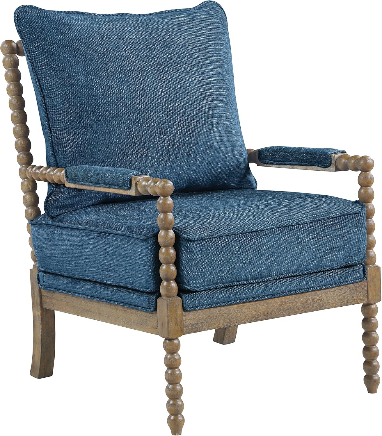 OSP Home Furnishings Fletcher Spindle Accent Chair with Rustic Brown Finish, Navy Blue Upholstery