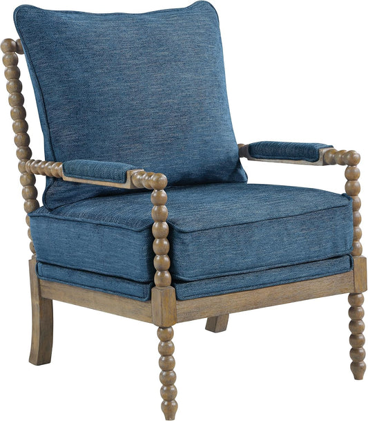 OSP Home Furnishings Fletcher Spindle Accent Chair with Rustic Brown Finish, Navy Blue Upholstery