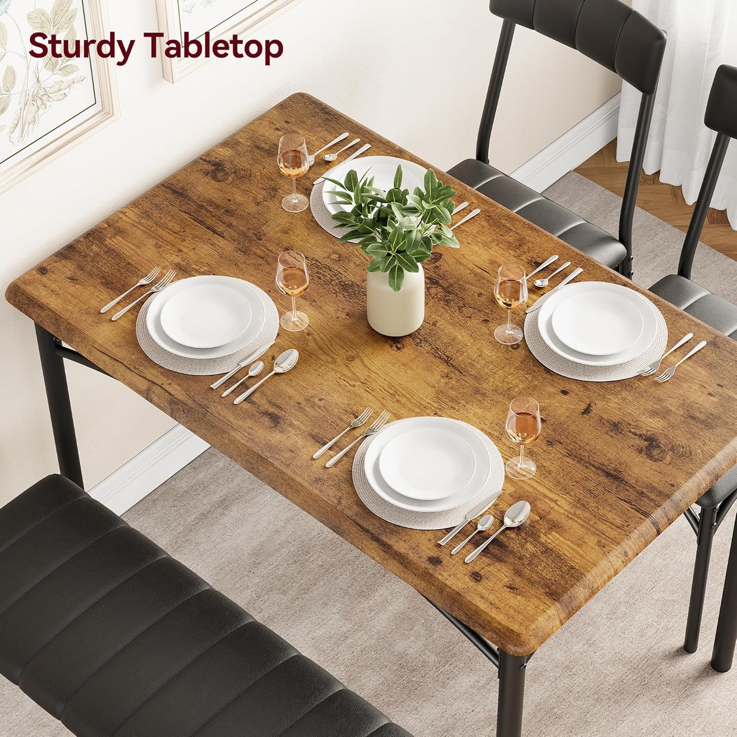 Dining Table Set for 4, Small Dining Table Set with Upholstered Bench and 2 Chairs, Kitchen Table and Chairs for 4, for Small Space, Apartment, Dinner, Rustic Brown