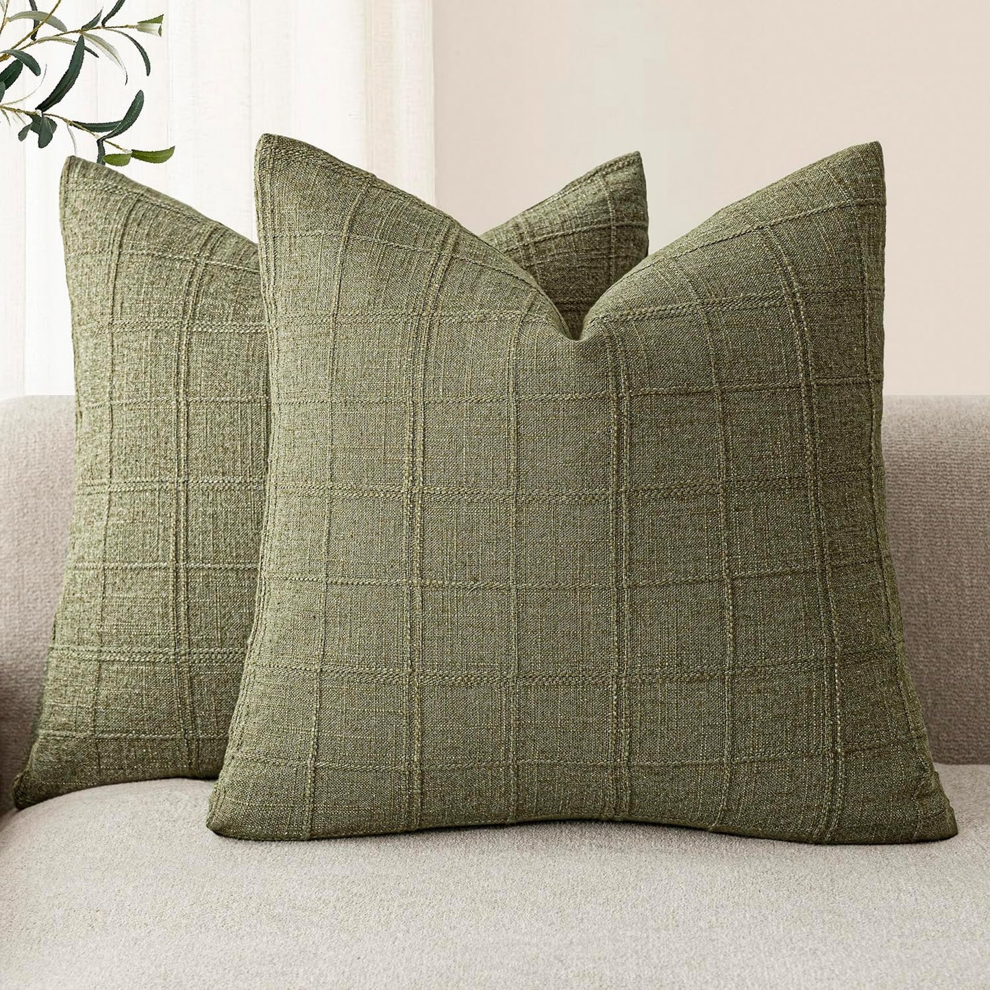 Foindtower Set of 2 Decorative Linen Check Throw Pillow Covers Neutral Farmhouse Vintage Cushion Covers Modern Boho Home Decor for Sofa Chair Couch Bedroom Living Room Outdoor,22×22 Inch,Sage Green