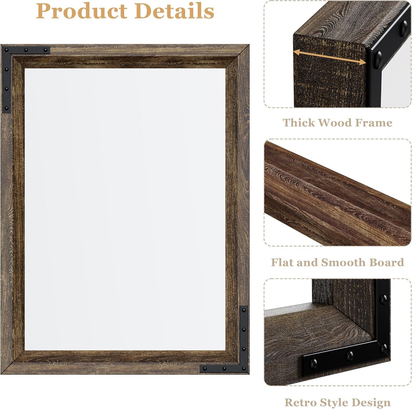 YOSHOOT Farmhouse Bathroom Mirror, Rustic Wood Mirror, Wooden Framed Vanity Mirror, Solid Wood & Handmade, Vertical or Horizontal Hanging for Bathroom Entryway Living Room Bedroom, 40" x 30", Brown