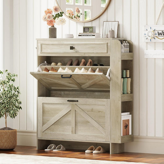 IRONCK Shoe Storage Cabinet with 2 Flip Drawers & Barn Door Design, Freestanding Shoe Cabinet Organizer with Drawer and Shelves for Entryway, Farmhouse Shoe Rack Cabinet,Rustic Maple