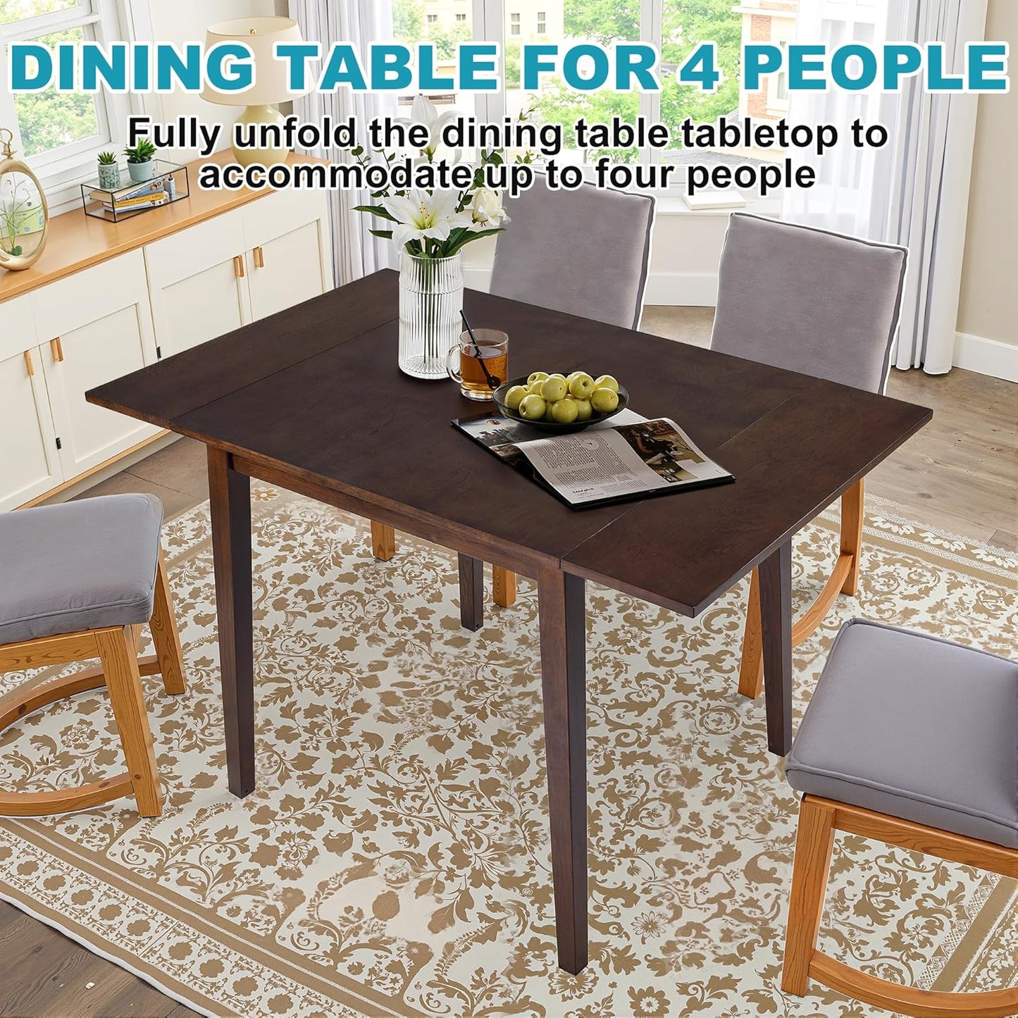 29"- 45" Extendable Dining Table for 2-4, Folding Square Dinner Table Small Kitchen Dining Room Tables with Wood Legs for Small Space, Kitchen, Living Room, Dark Brown