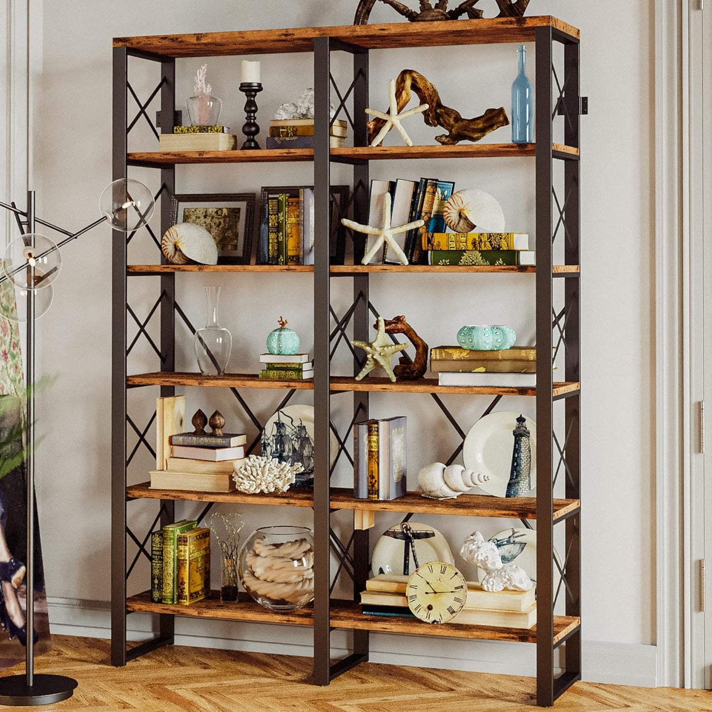 IRONCK Bookshelf Double Wide 6-Tier 76" H, Open Large Bookcase, Industrial Style Shelves, Wood and Metal Bookshelves for Home Office, Easy Assembly