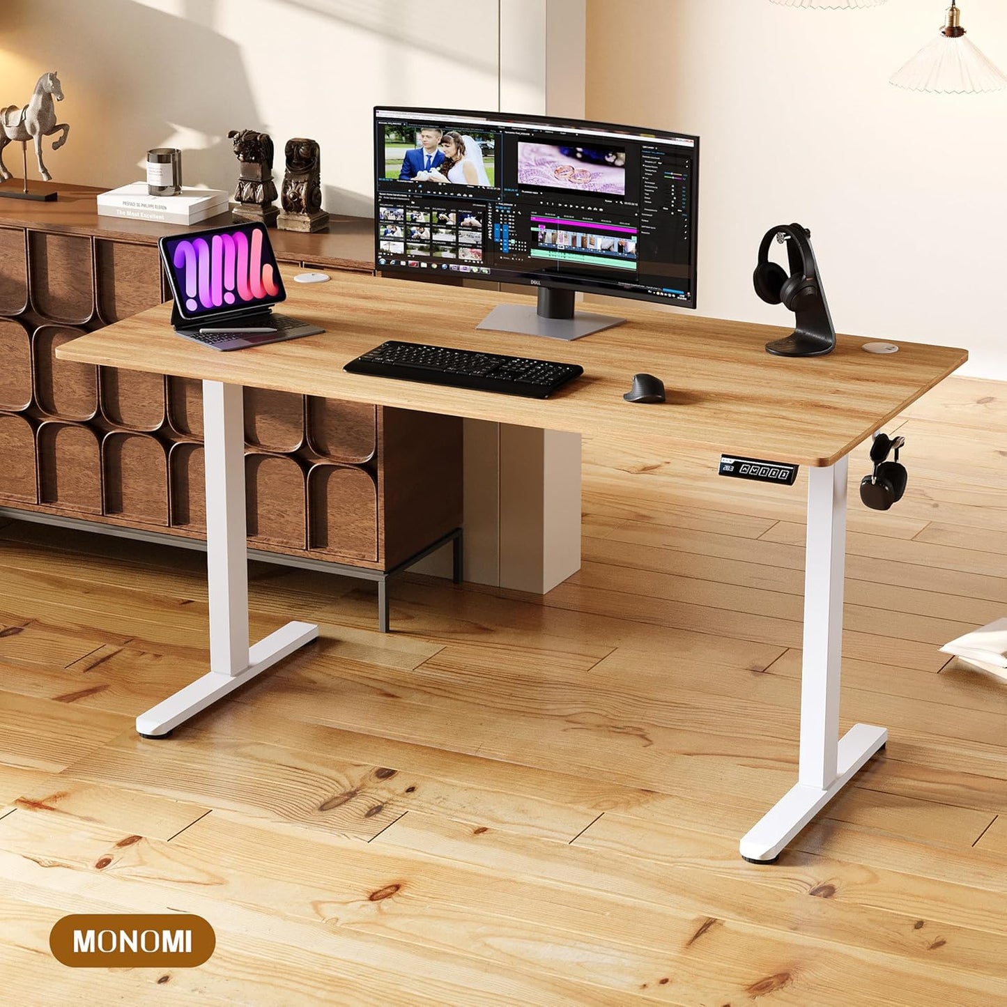 Monomi 55 Inch Large Electric Standing Desk, Height Adjustable Sit Stand Up, Work Home Office Computer PC Desks, Gaming Writing Study Bedroom Rising Table, Natural