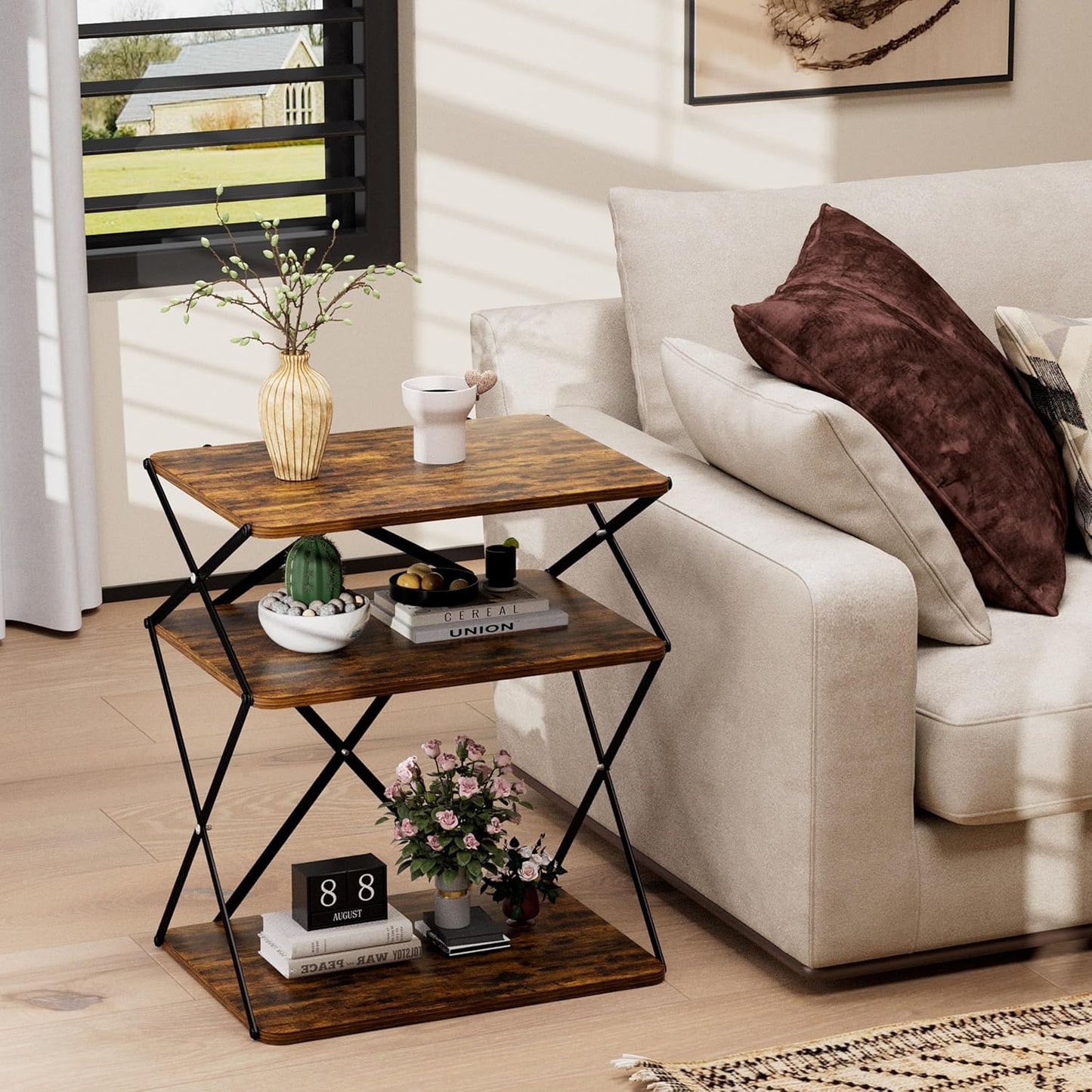 3-Tier End Table Small Side Table Tall Bedside Night Stand with Storage Sofa Side desks for Living Room Bedroom Office Bathroom Small Space Rustic Brown ET-04RB